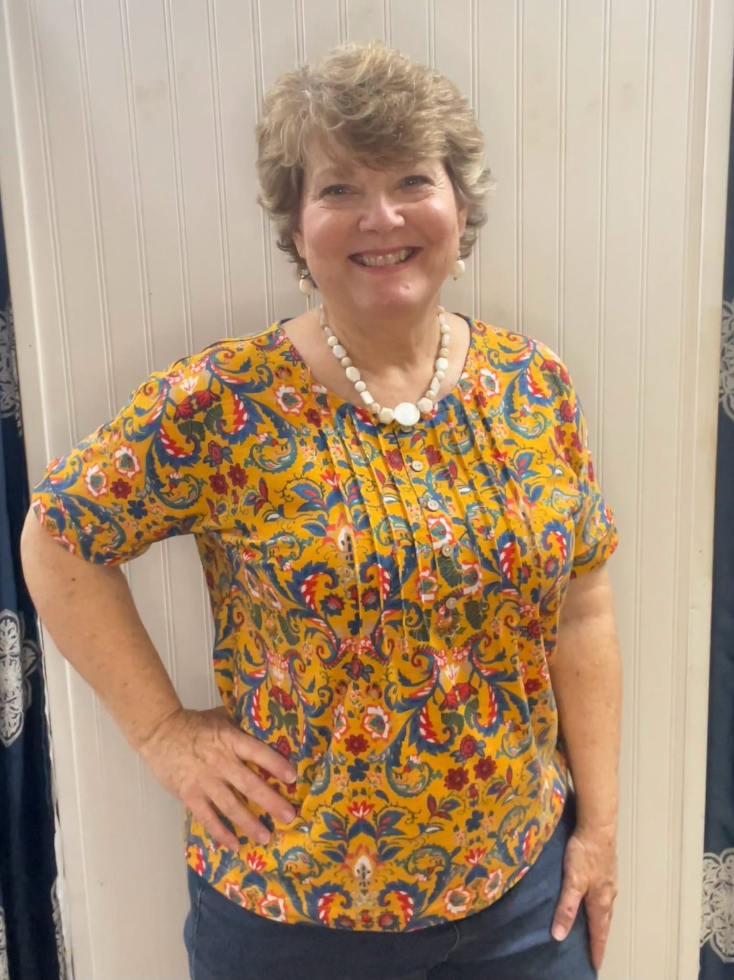Yellow Blue Red Faux Button Dolman Sleeve Top