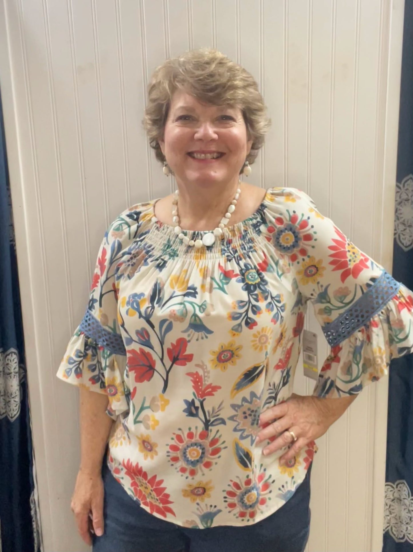 Multicolor Floral 3/4 Flounce Sleeve Top