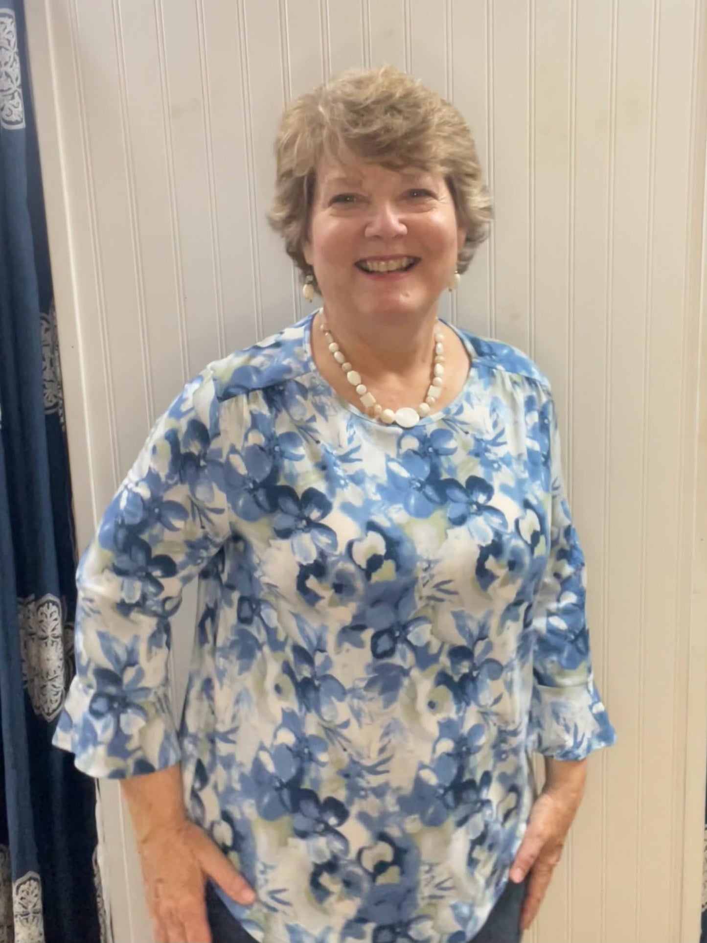 Floral Blue and Sage 3/4 Sleeve Top