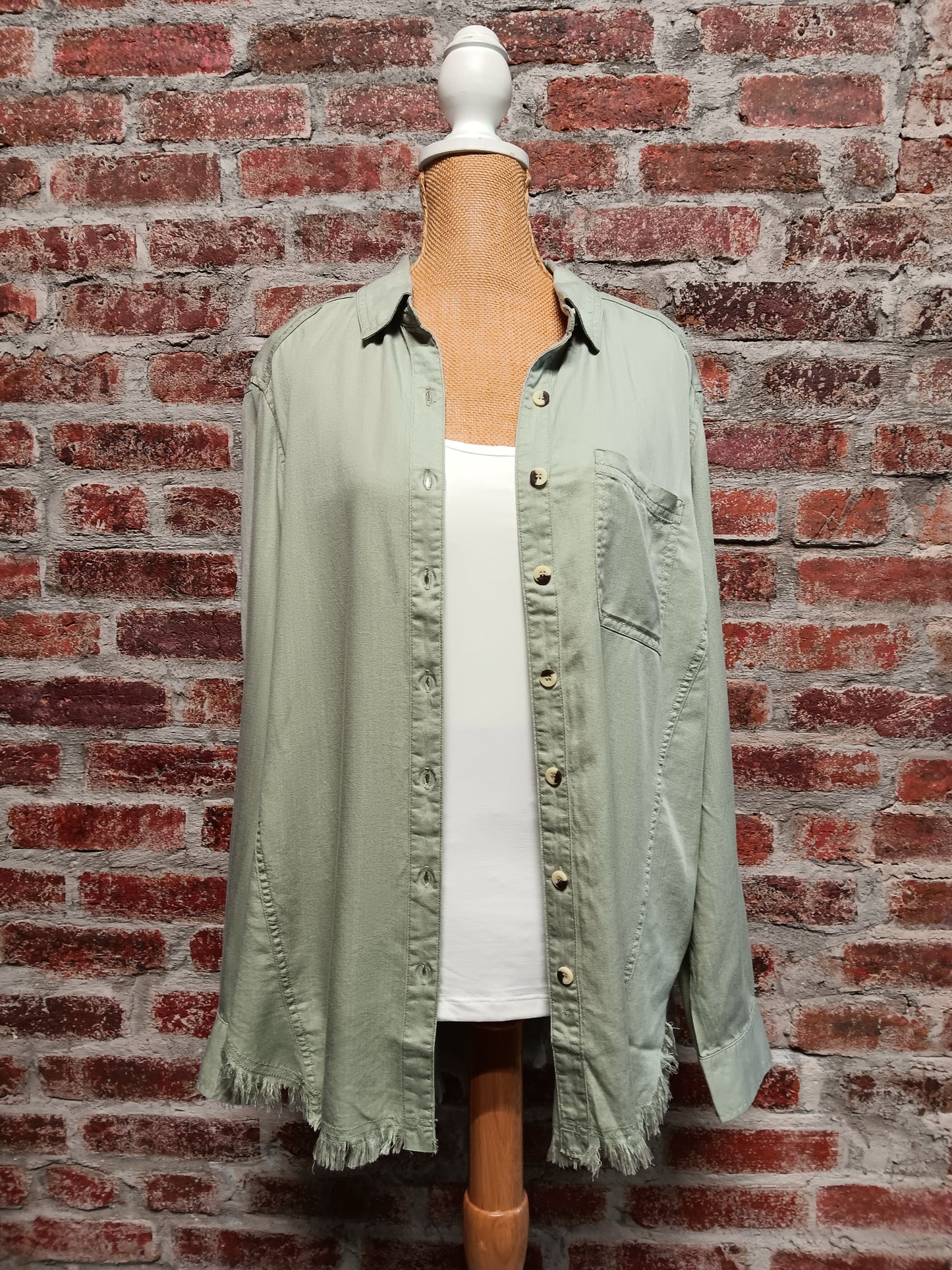 Olive Hi-Lo Frayed Button Shirt