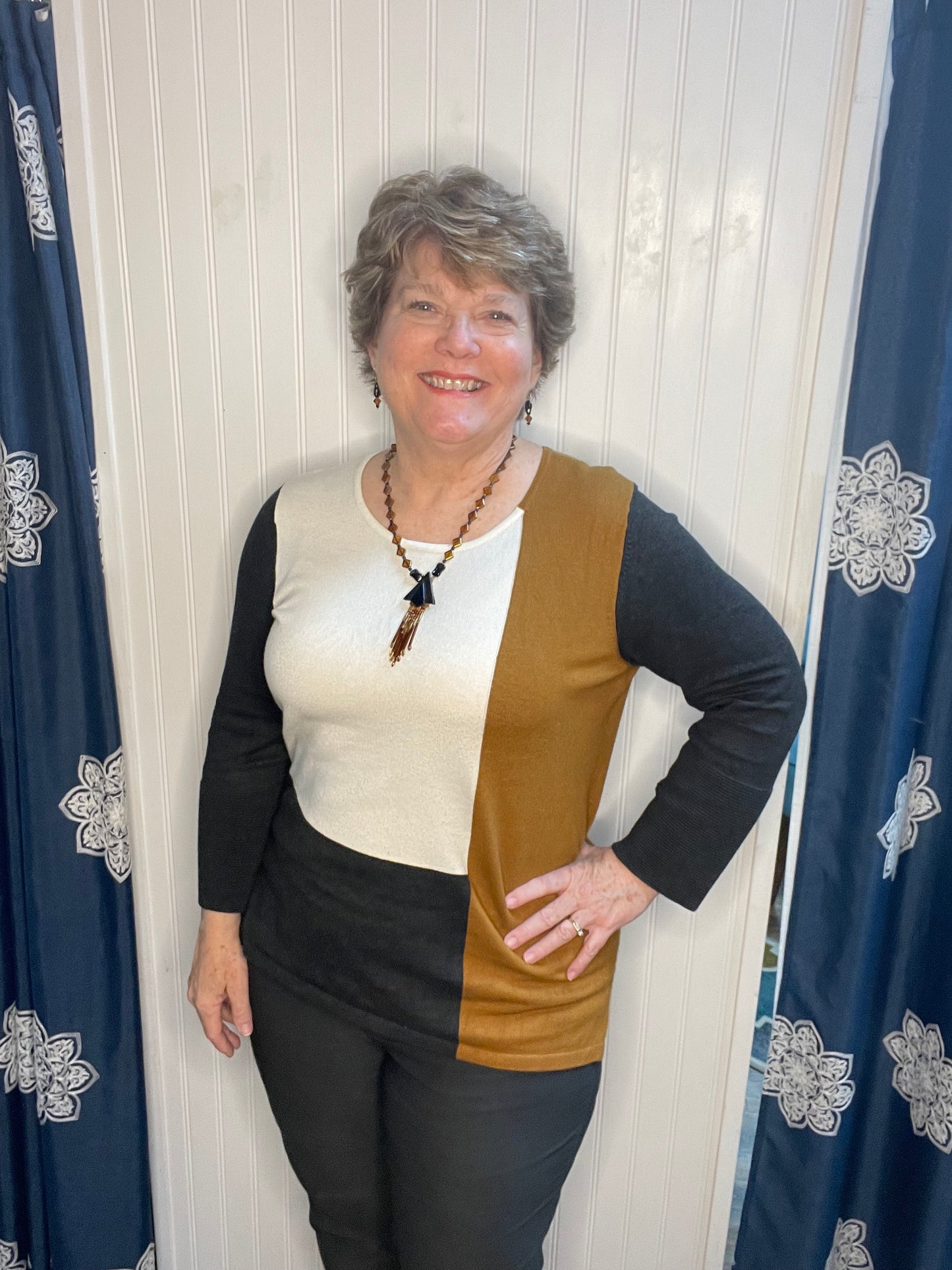 Gold/Black/Cream Color Block Light Knit Top