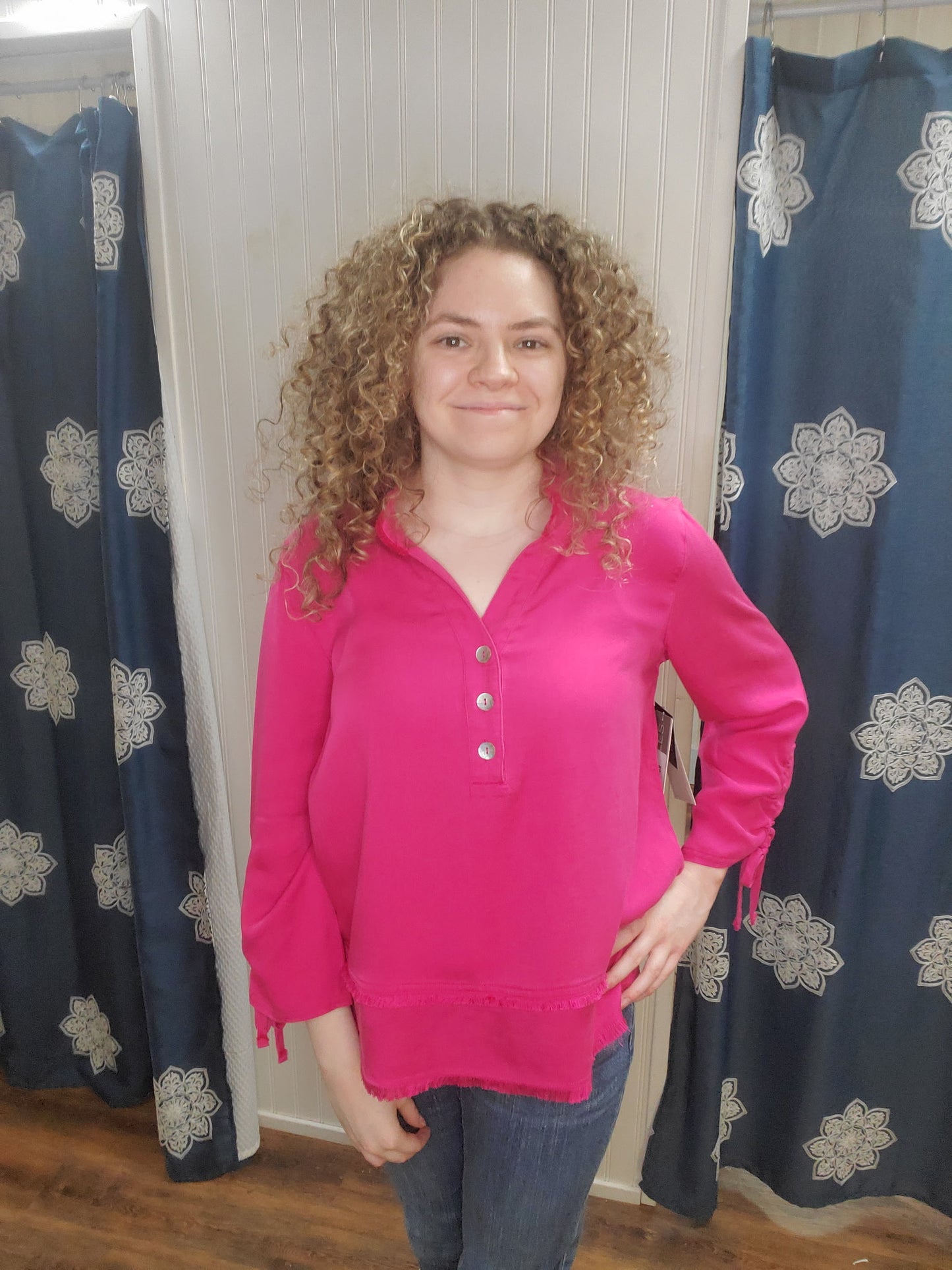 Pink 3/4 Sleeve Drawstring Fringe Hem Top