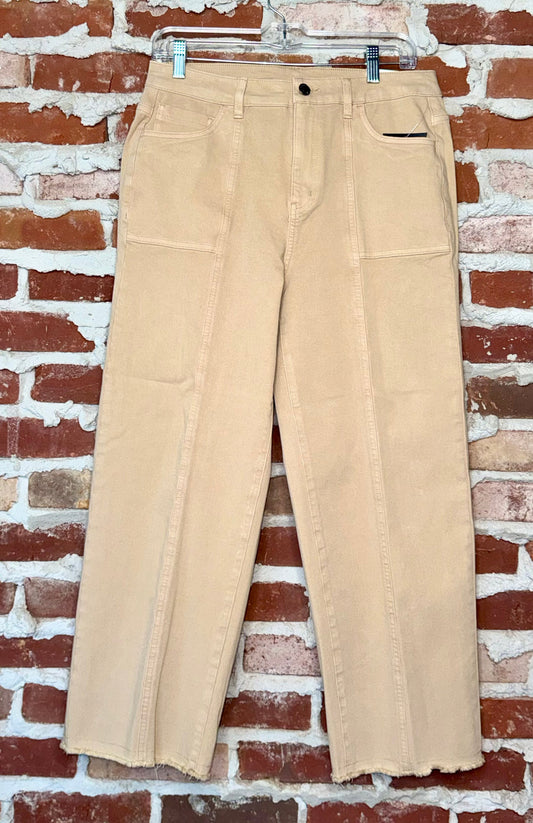Almond Zip Button Fringe Hem Crop Jean with Pockets