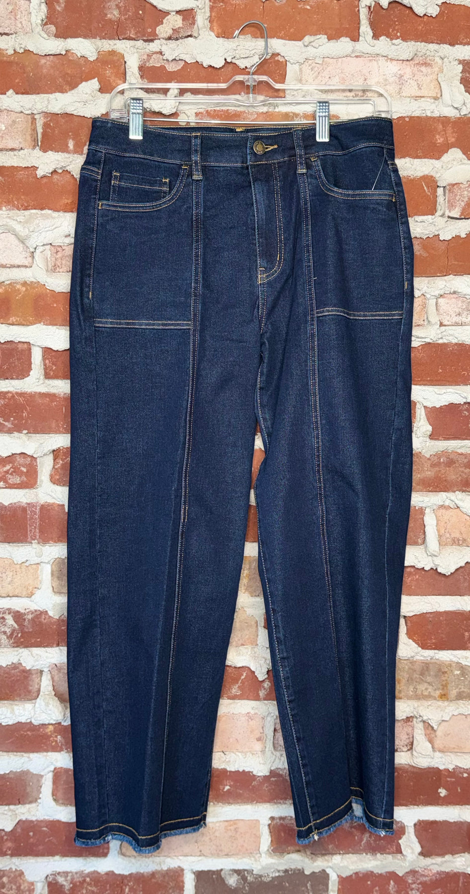 Dark Denim Zip Button Fringe Hem Crop Jean with Pockets