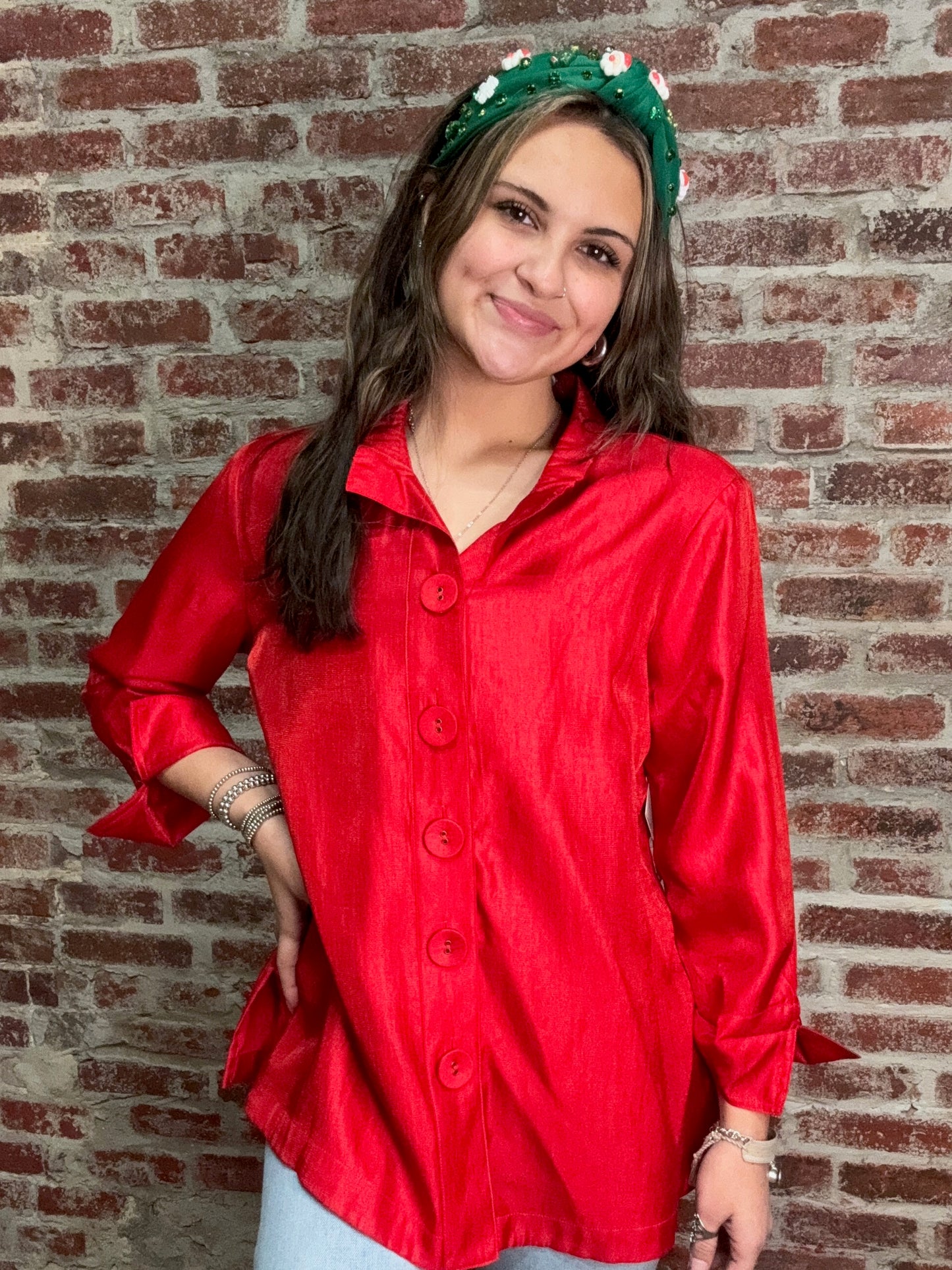 Red Wire Collar Cuffed Sleeve Top