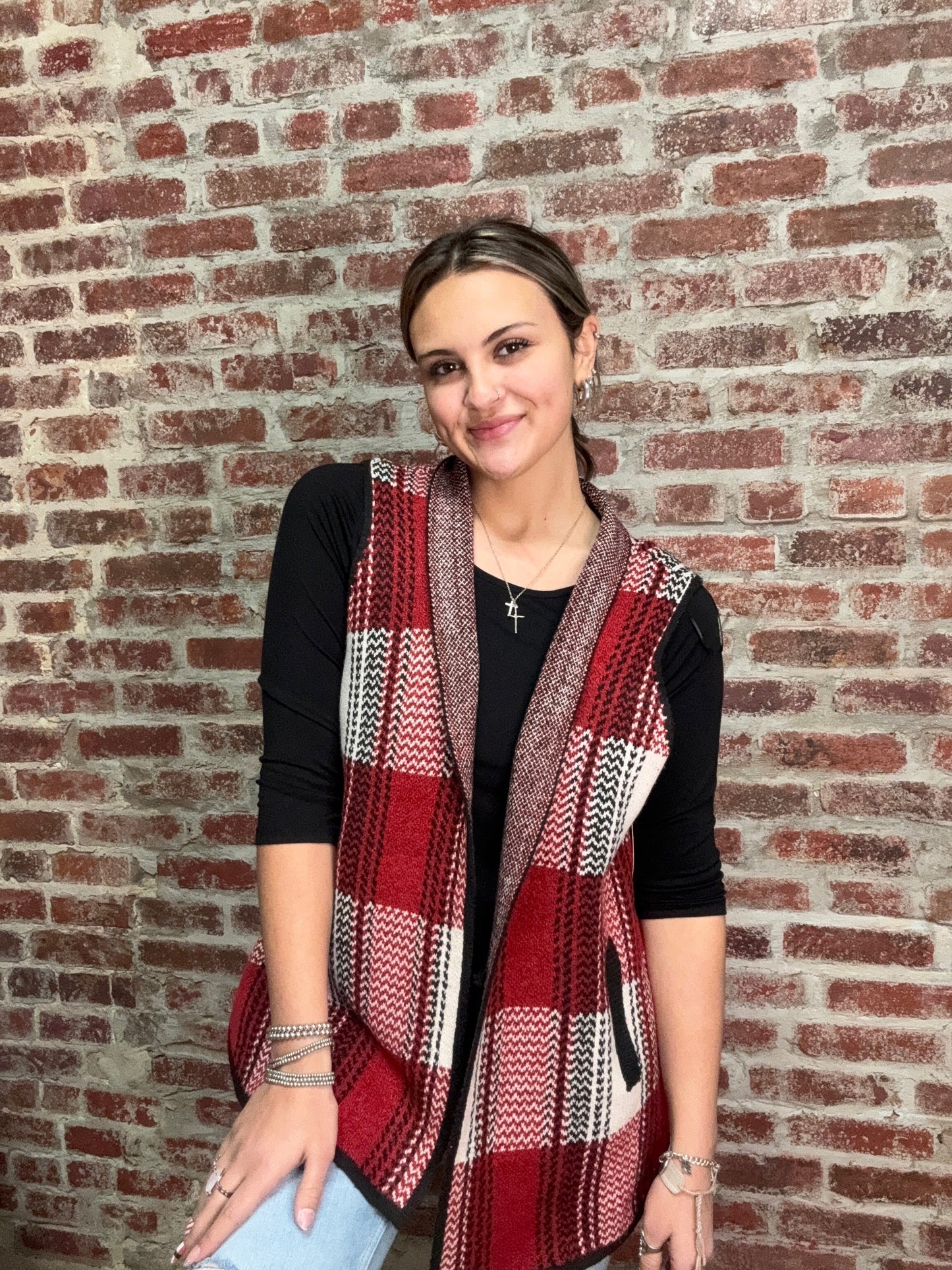 Red White and Black Plaid Sweater Vest
