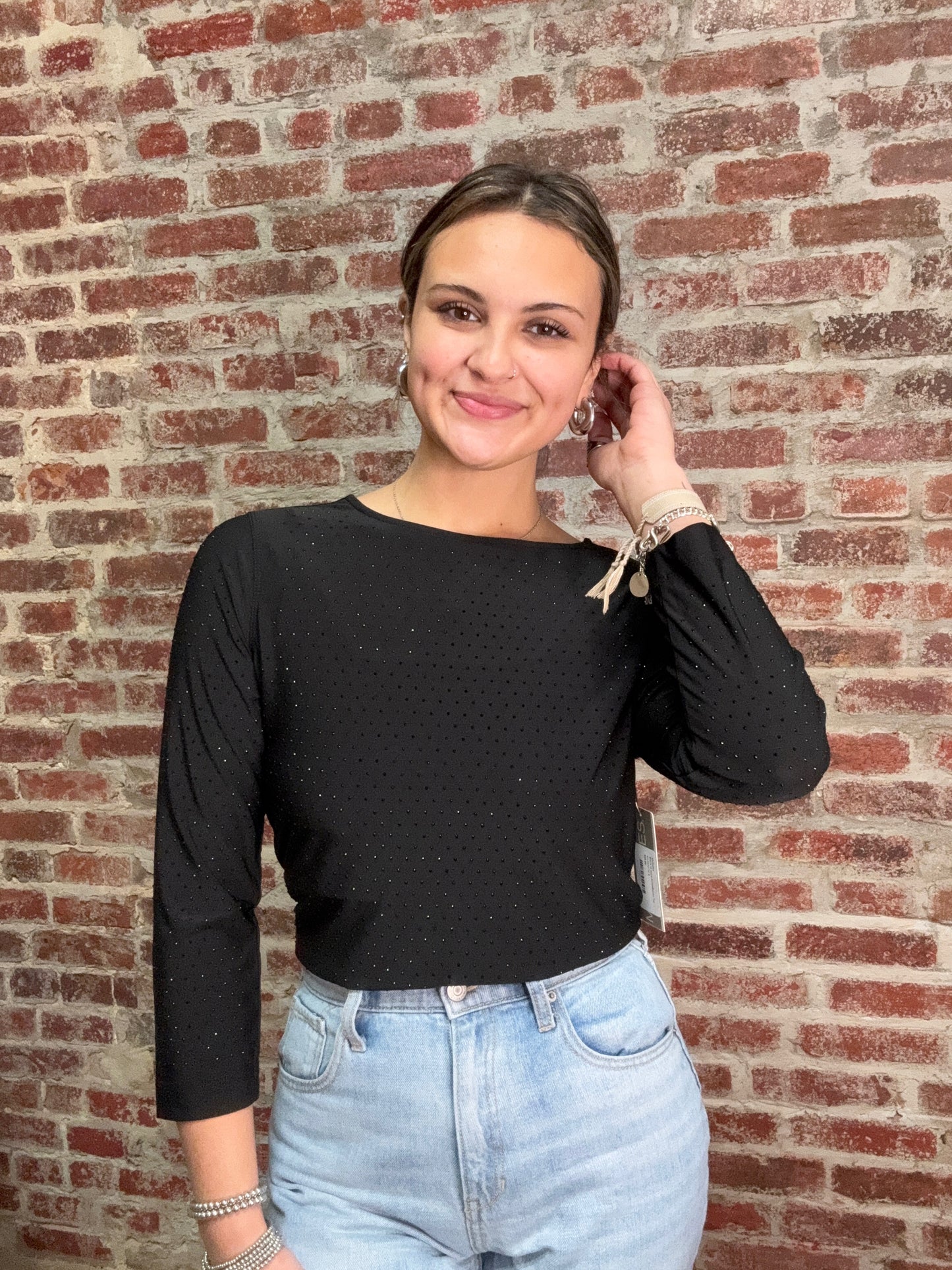 Black Hi Neck Embellished Top