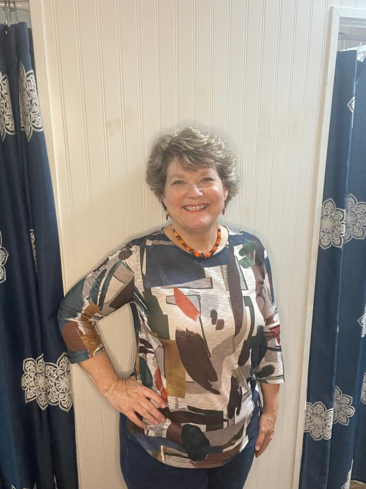 Brown Gray Blue Abstract Top
