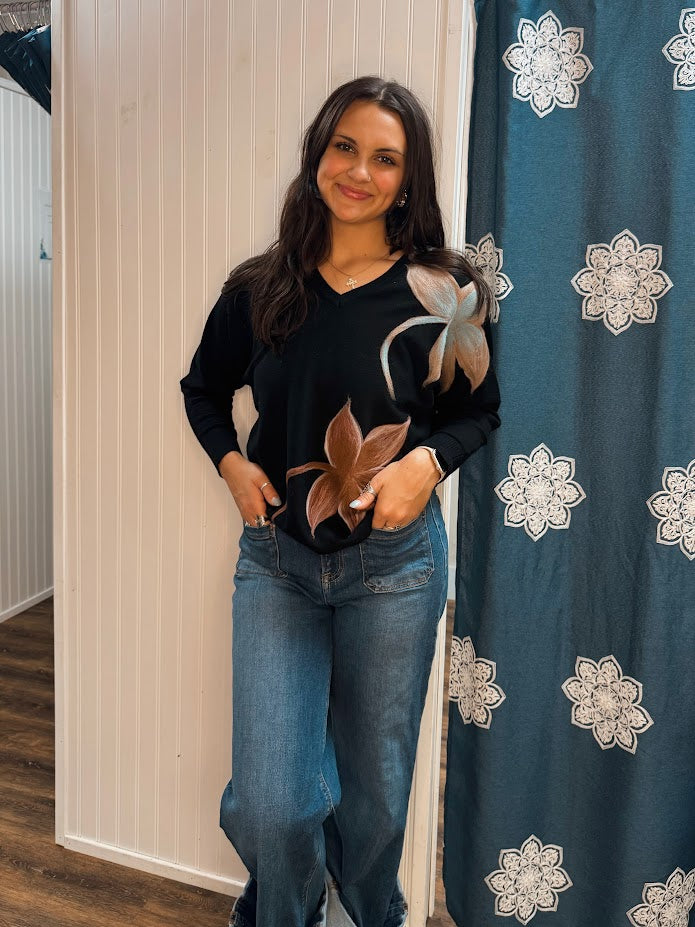 Black and Taupe Floral Embroidered Pullover