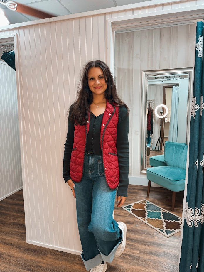 Crimson Quilted Snap Button Vest