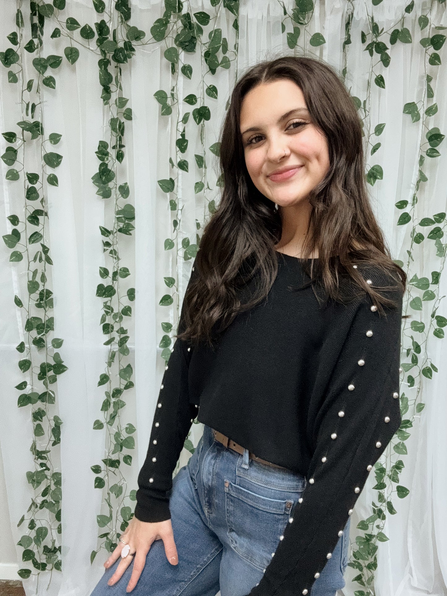 Black Pullover Sweater with Silver Studded Sleeve