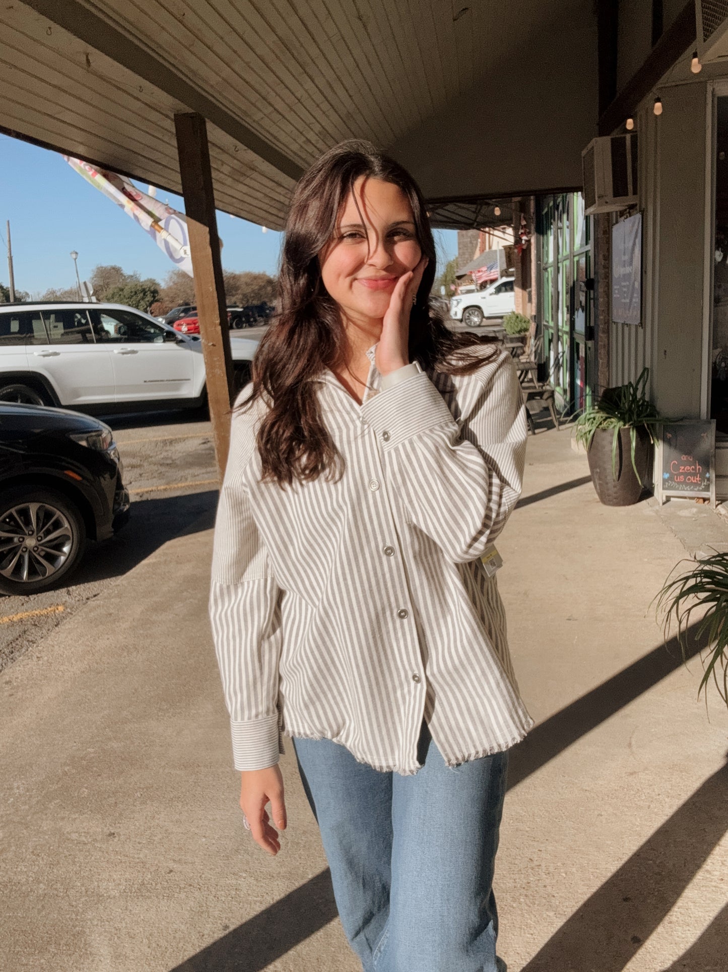 Granite Striped Long Sleeve Cuffed 1 Pocket Button Up Top