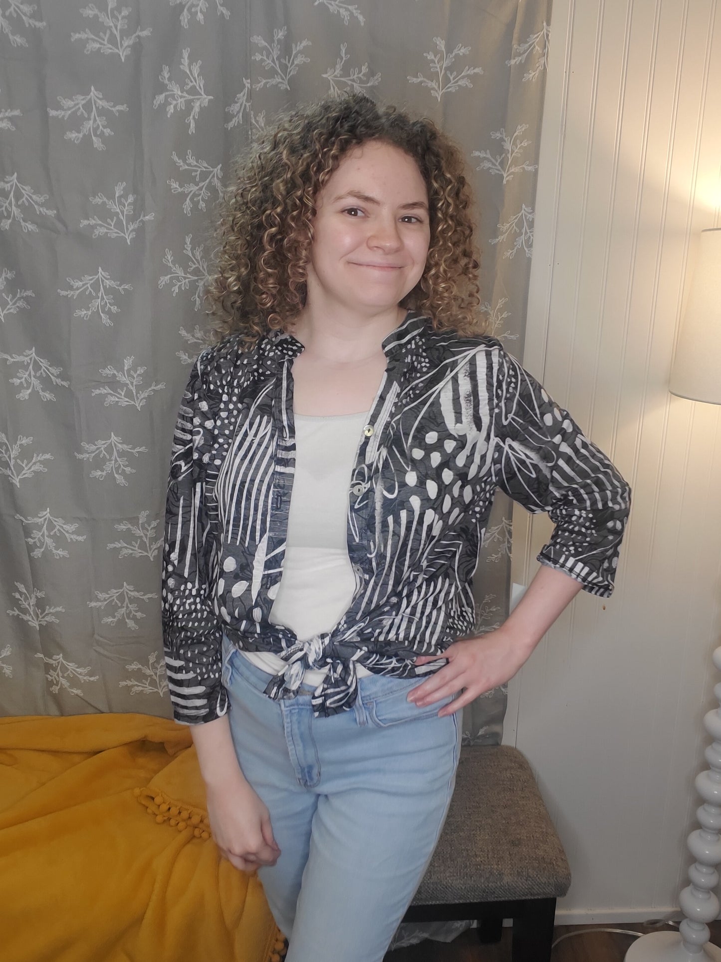 Black And White Abstract Print Button Down Top