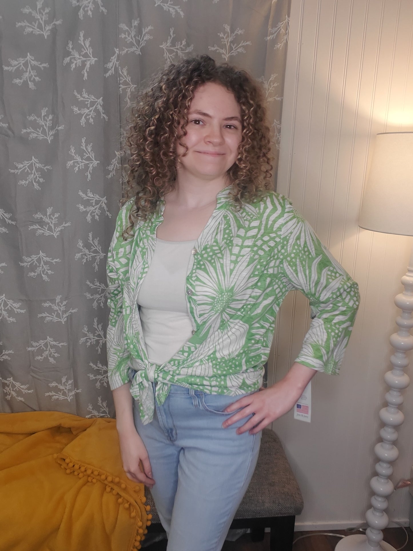Bright Green Floral Button Down 3/4 Sleeve Top