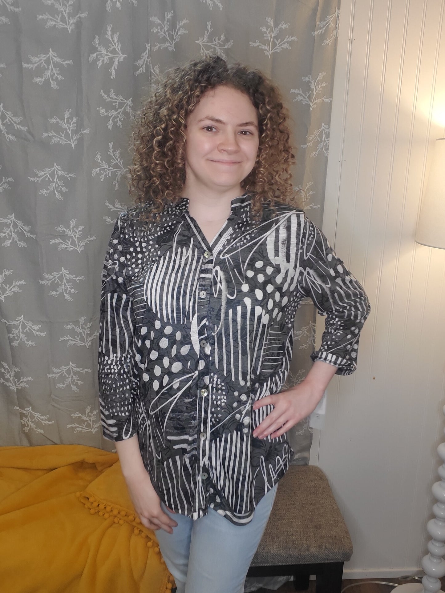Black And White Abstract Print Button Down Top