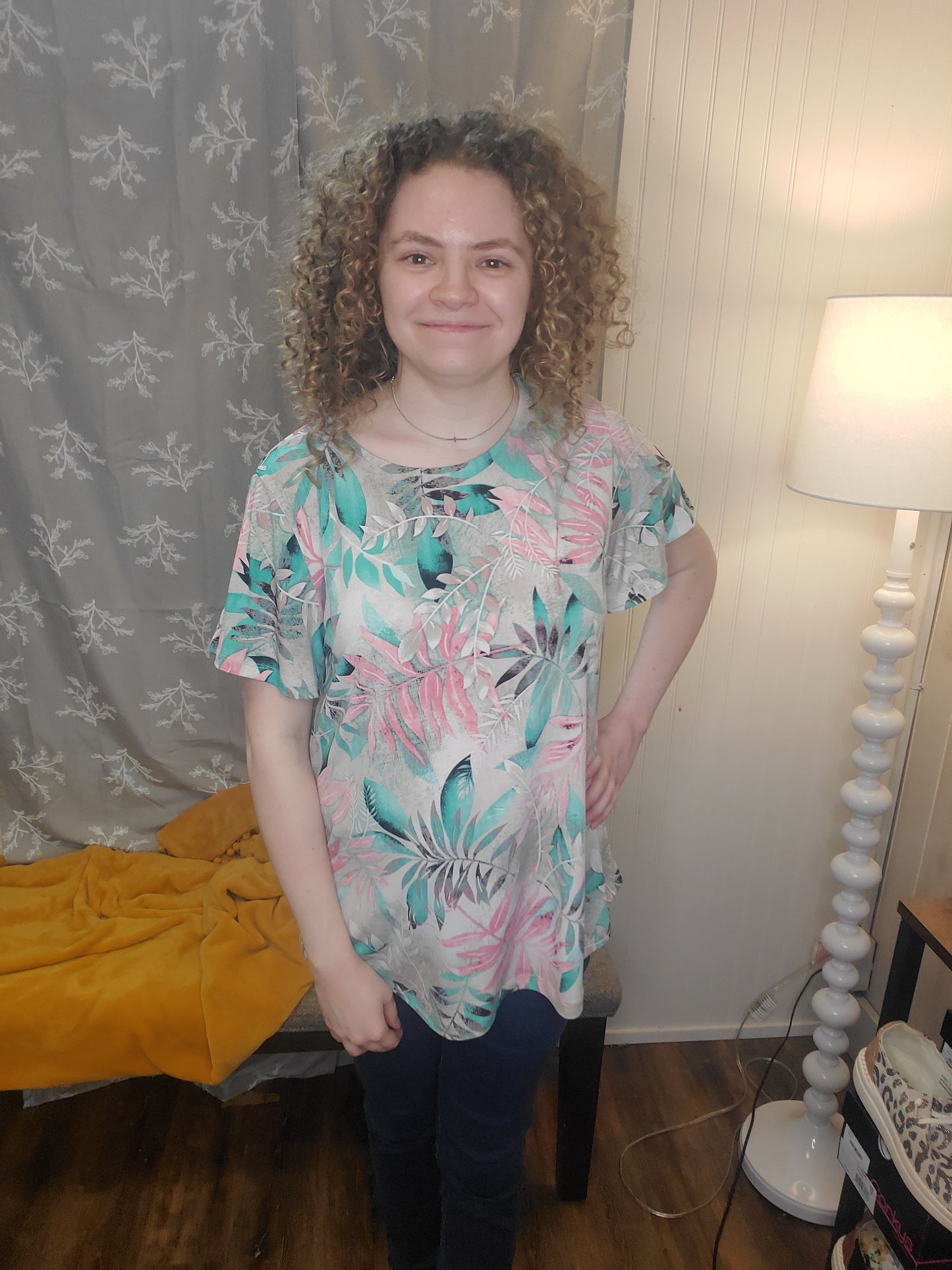 Pink /Green Tropical Leaf Print Top