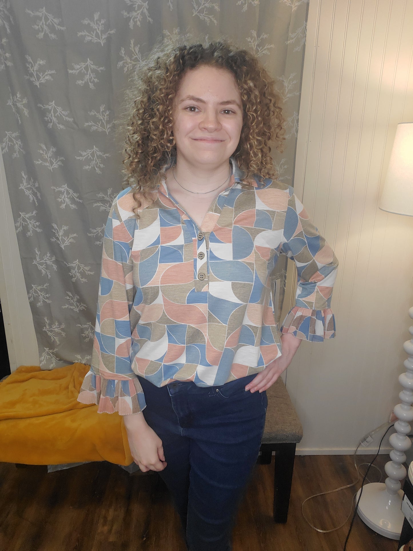 Peach and Blue Flounce Sleeve Top