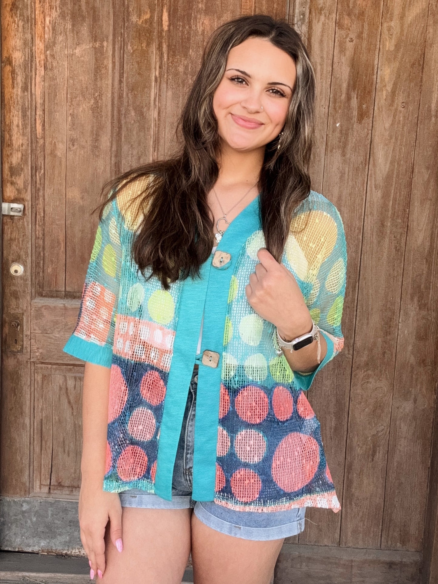 Multicolored Printed Mesh Cardigan With Two Button Closure