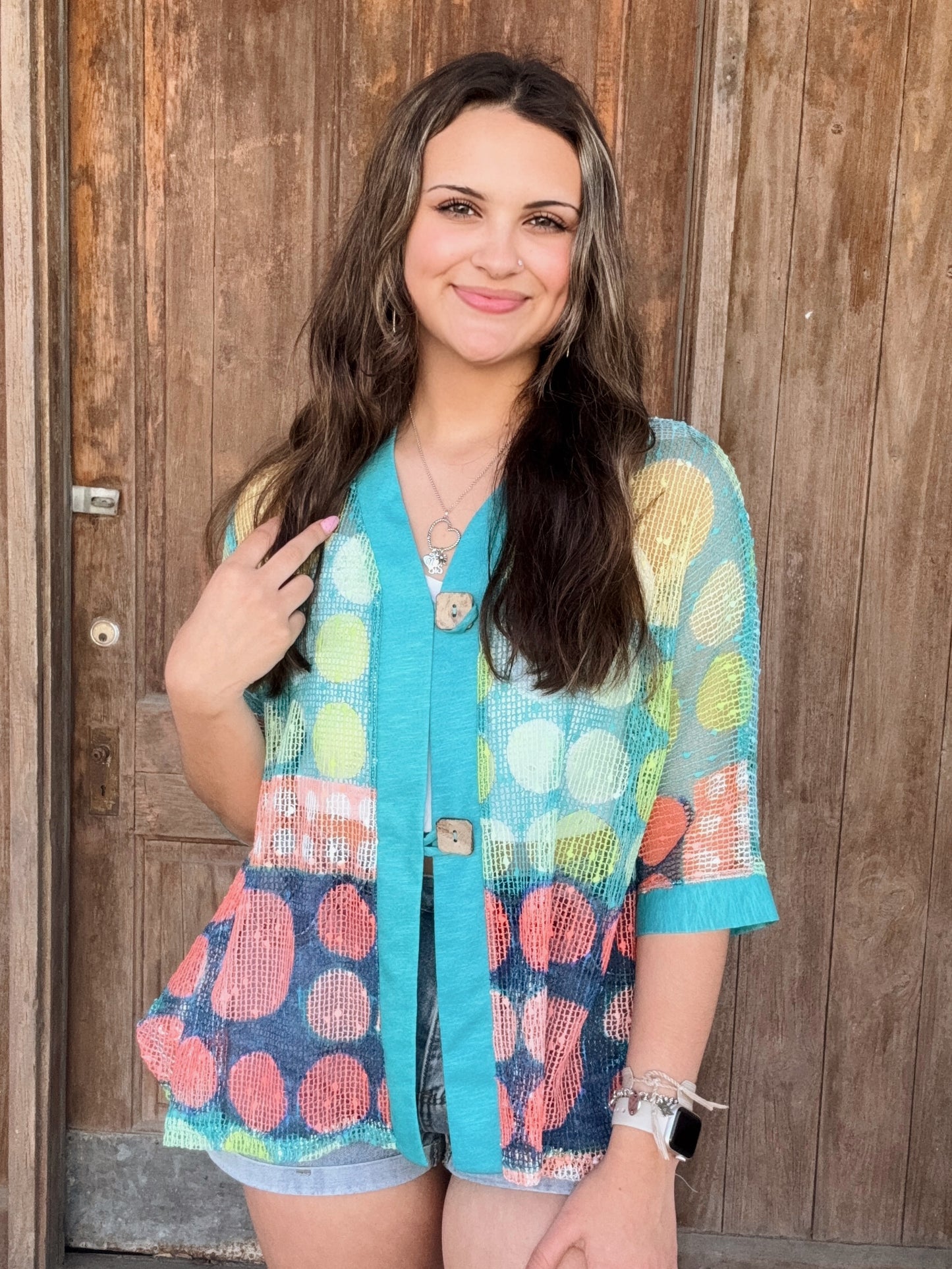 Multicolored Printed Mesh Cardigan With Two Button Closure