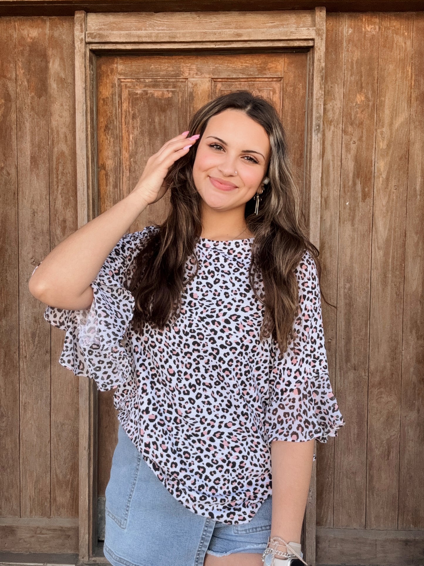 Blush Animal Print 3/4 Flounce Sleeve Top