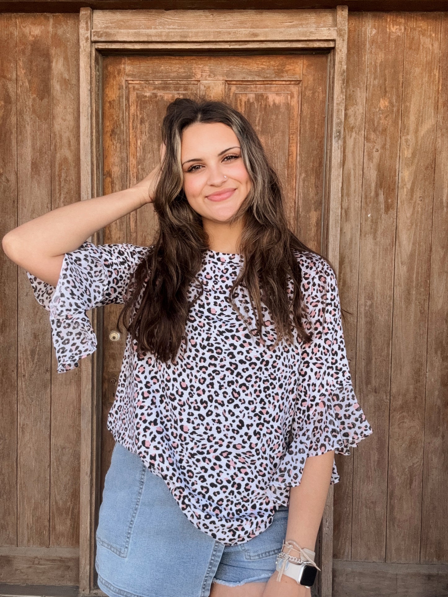 Blush Animal Print 3/4 Flounce Sleeve Top