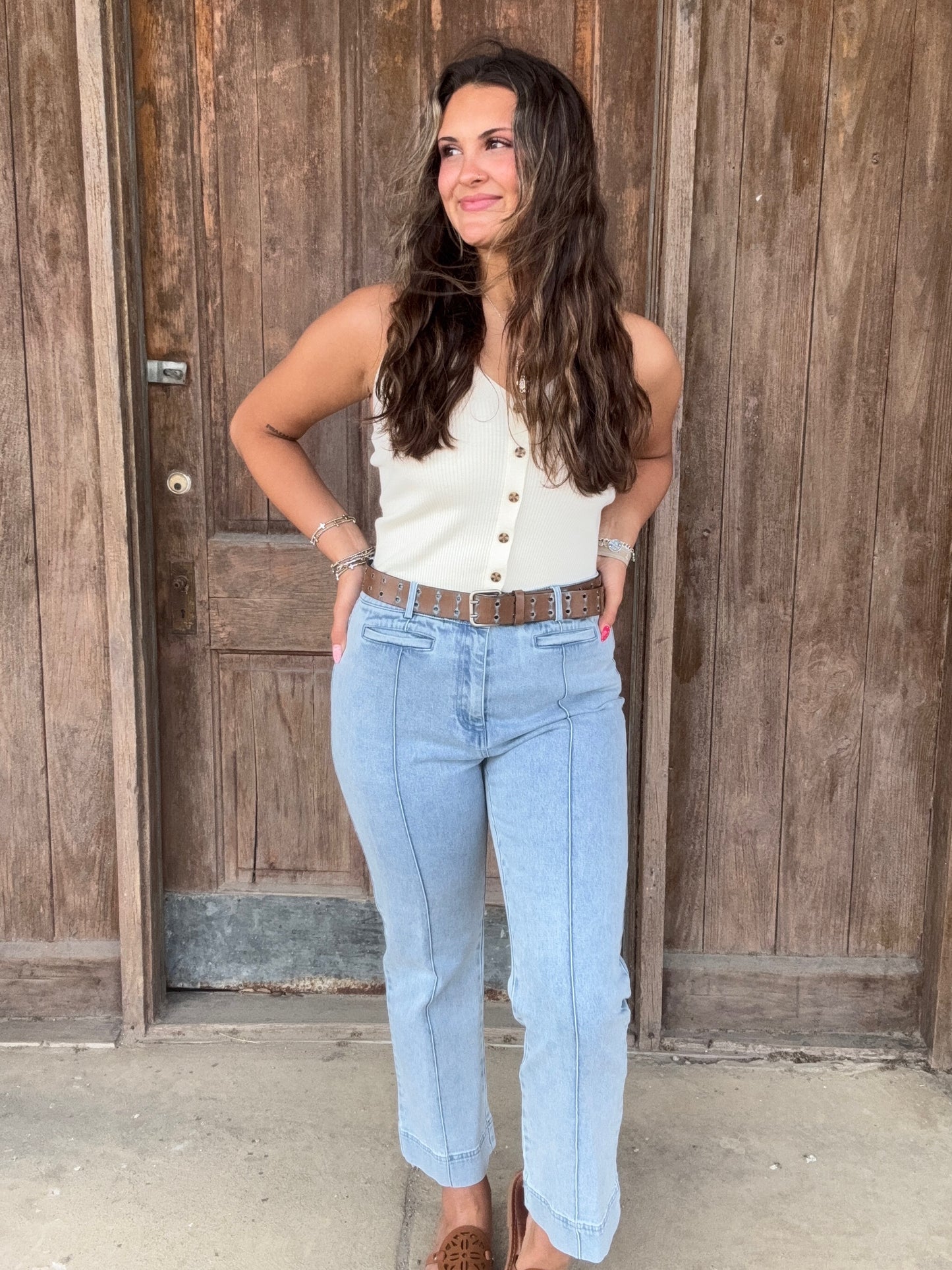 Light Blue Button and Zip Flare Leg Crop Jean