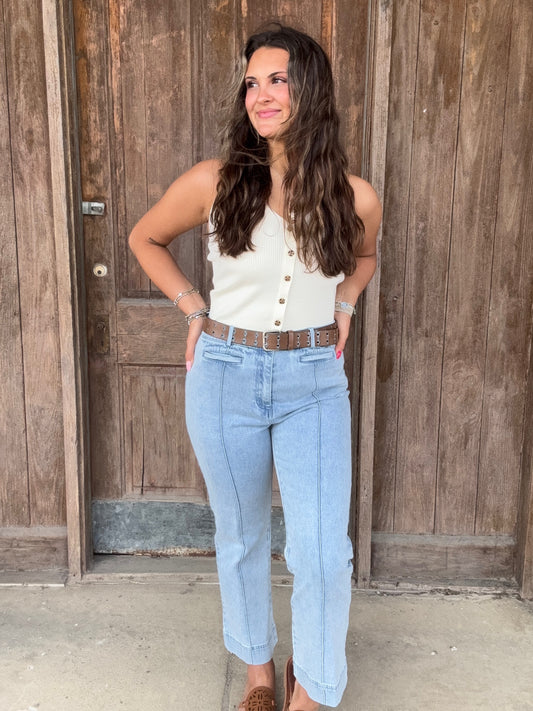 Light Blue Button and Zip Flare Leg Crop Jean