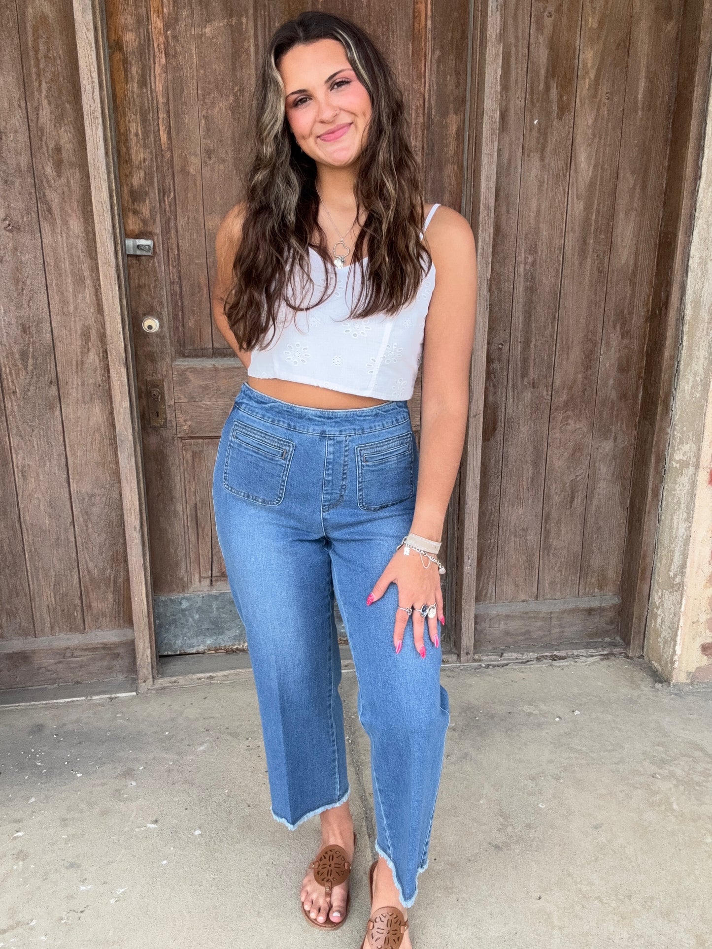 Blue P/O Fringe Hem Wide Leg Jean
