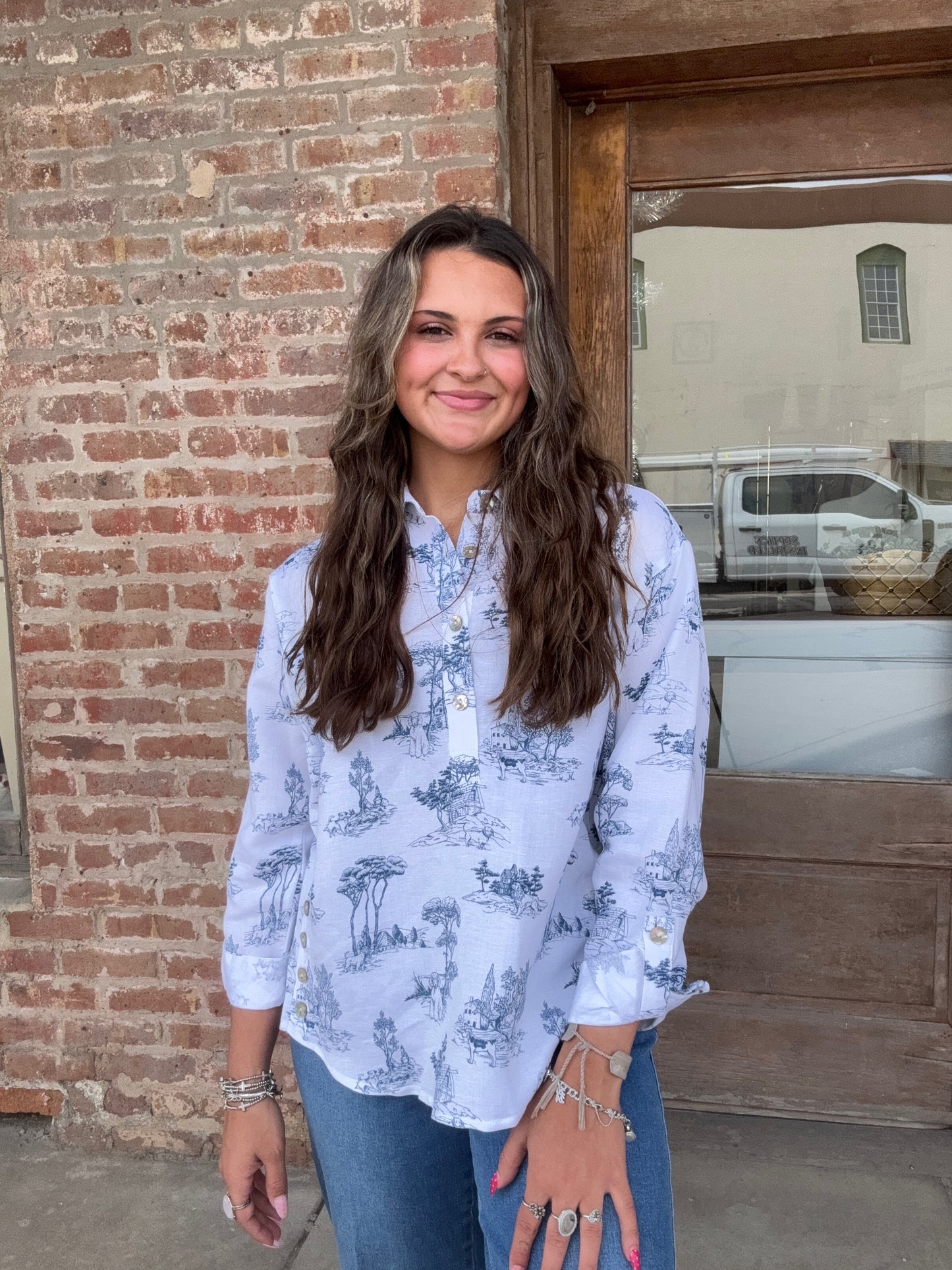 Blue and White Roll Tab with Dog Print Top