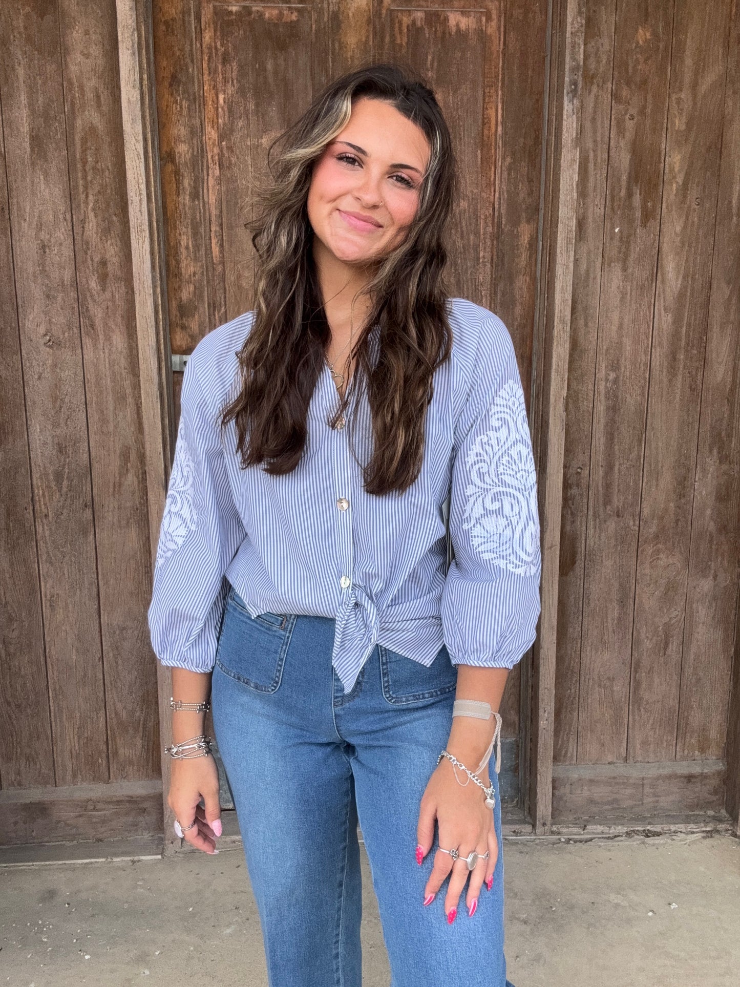 Blue and White Raglan SLV Front Tie Waist Plus Top