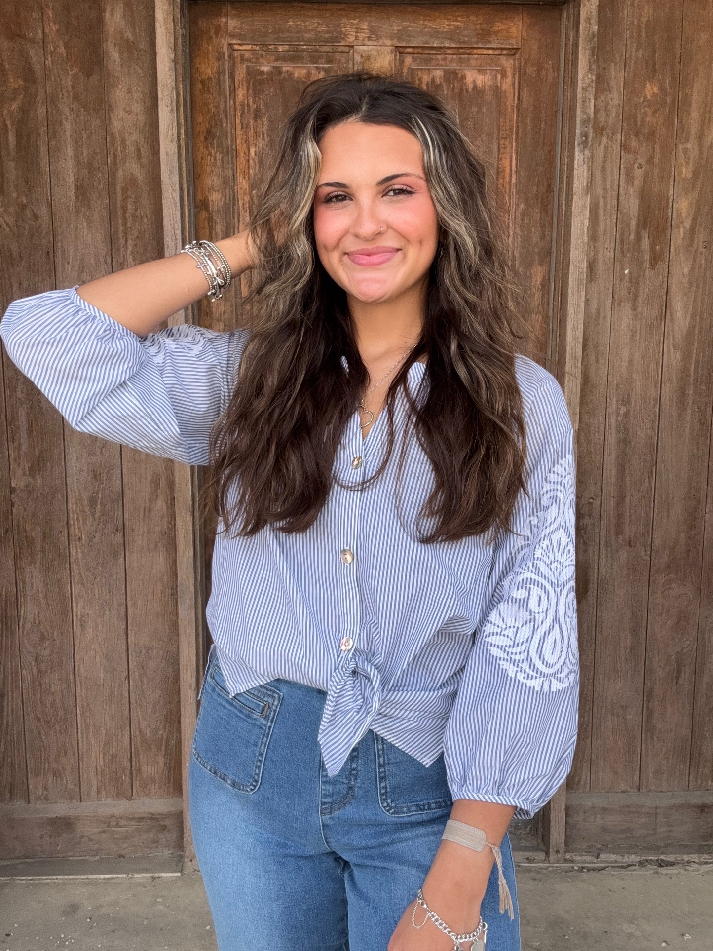 Blue and White Raglan SLV Front Tie Waist Plus Top