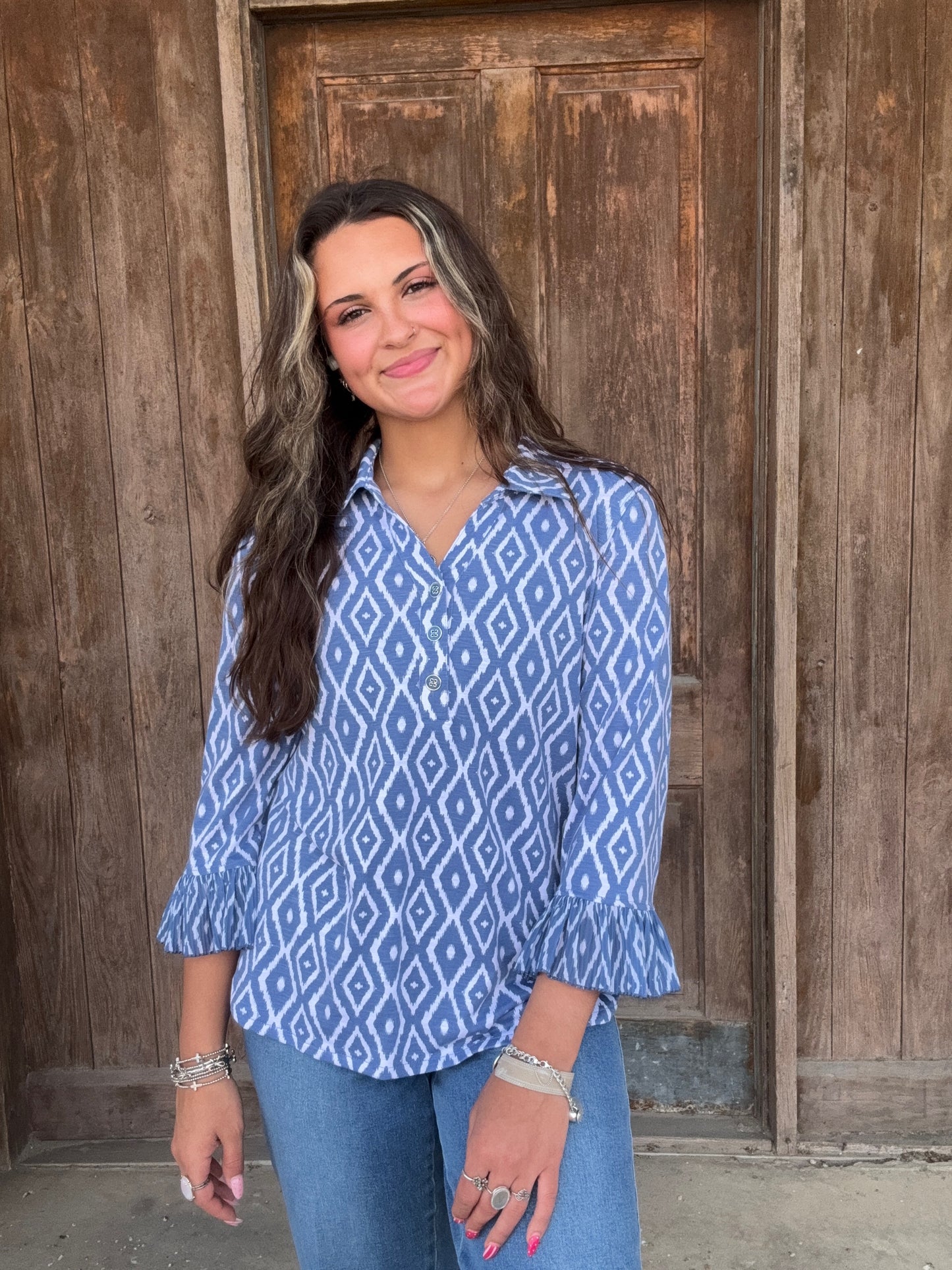 Blue and White Pleated Flounce 3/4 SLV Top