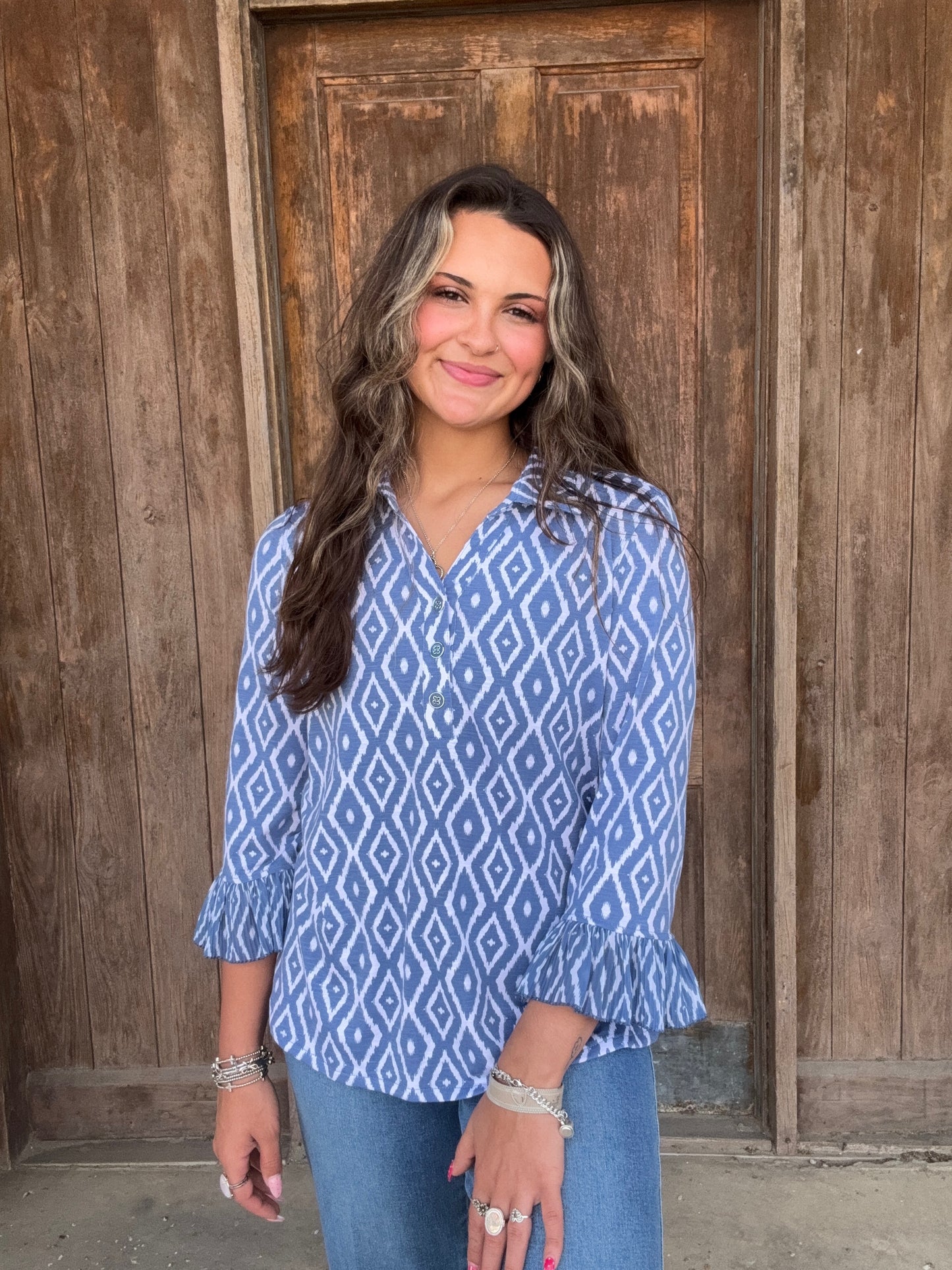 Blue and White Pleated Flounce 3/4 SLV Top