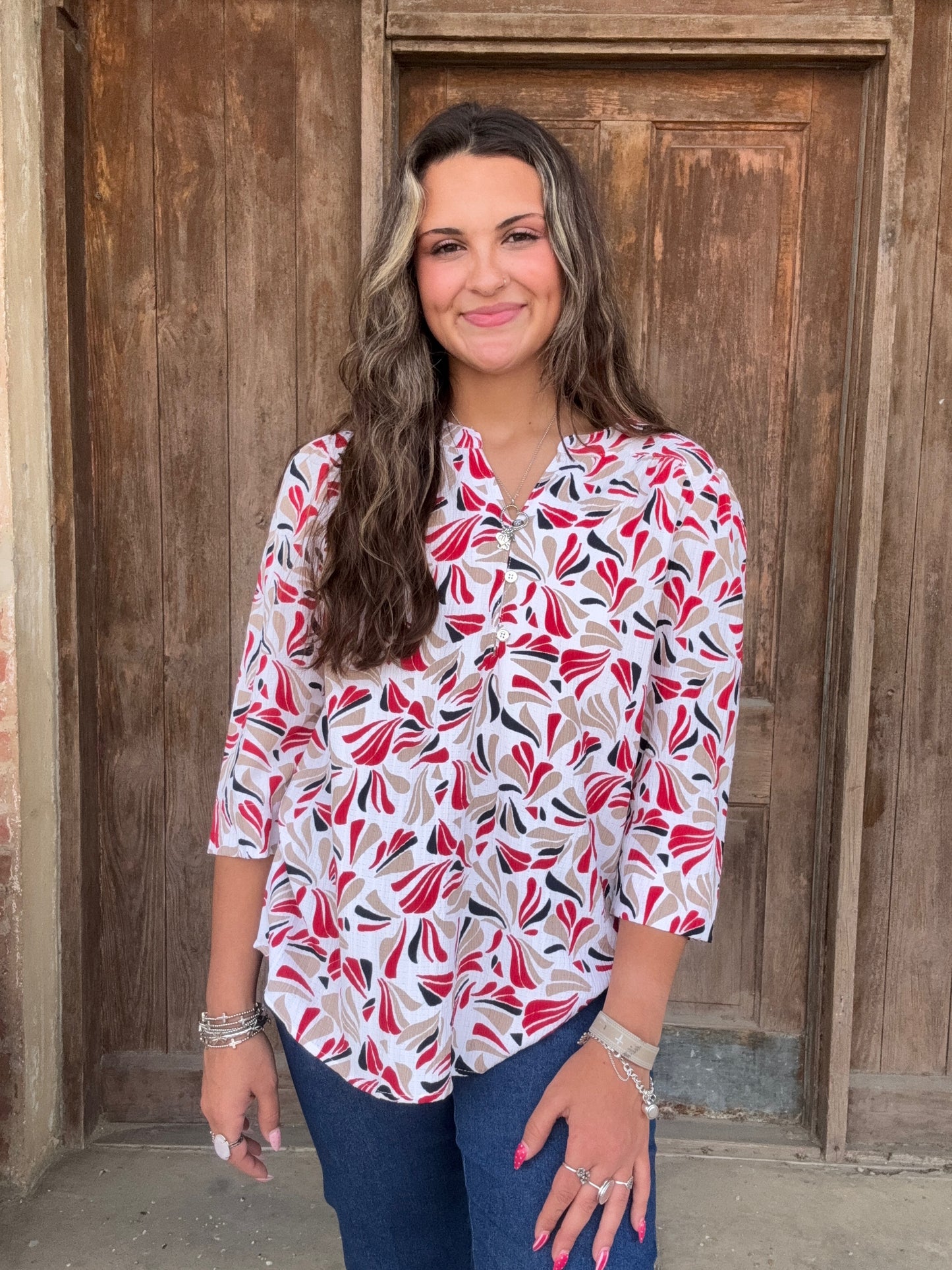 Red Navy Tan 3/4 SLV Top
