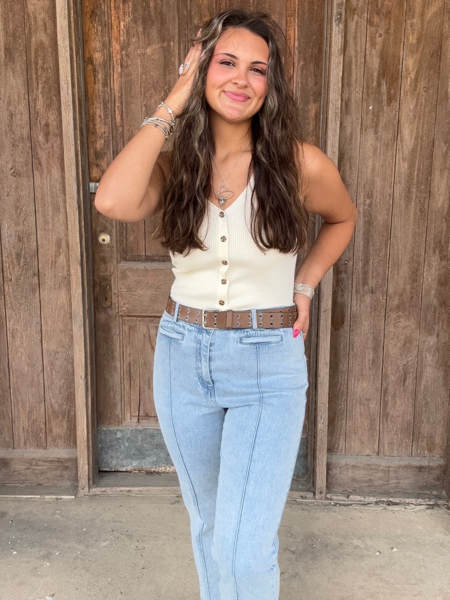Light Blue Button and Zip Flare Leg Crop Jean