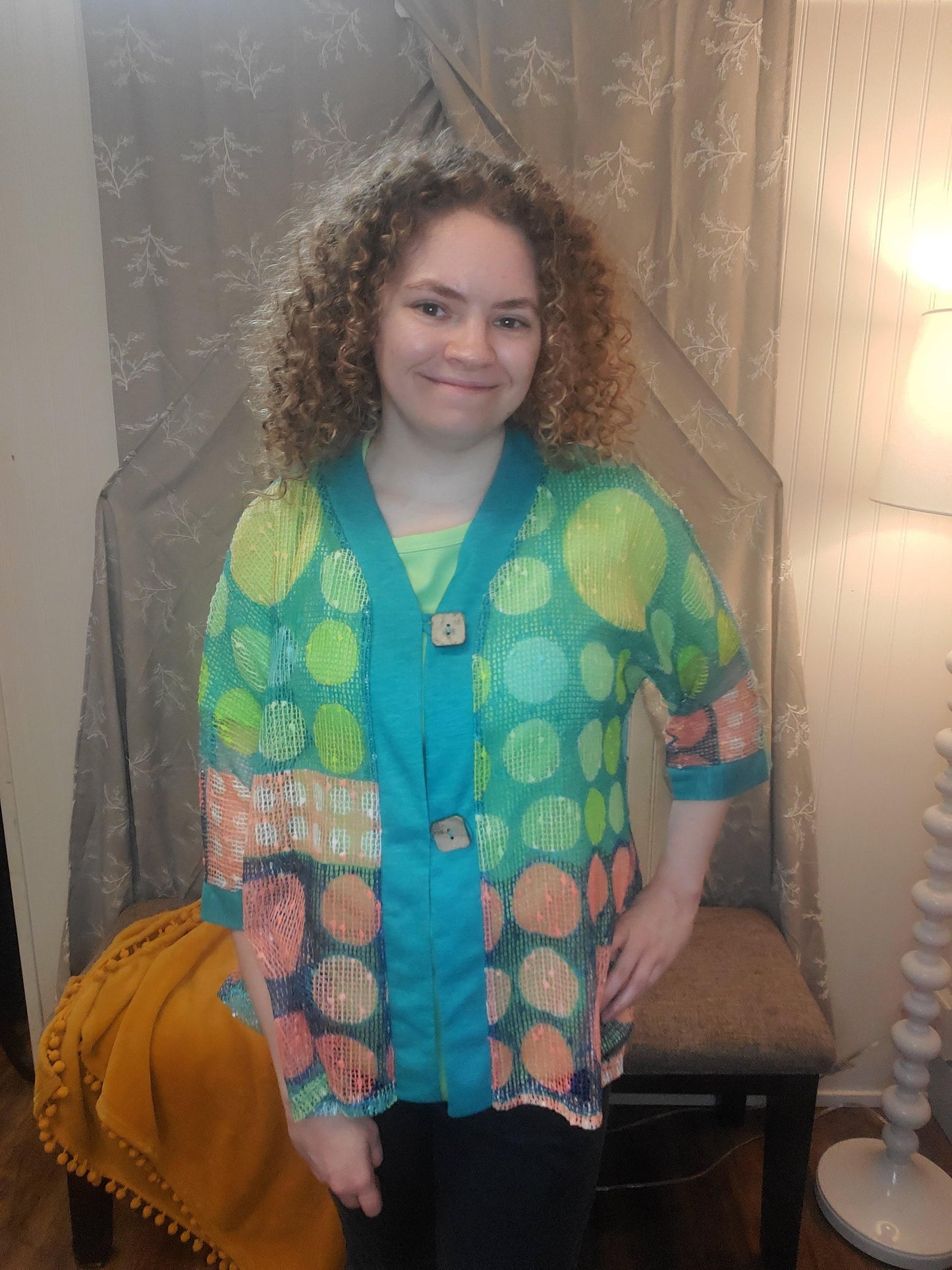 Multicolored Printed Mesh Cardigan With Two Button Closure