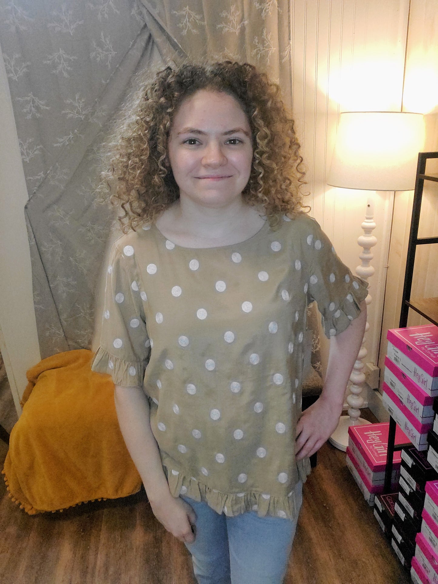 Khaki Polka Dot Back Button Top