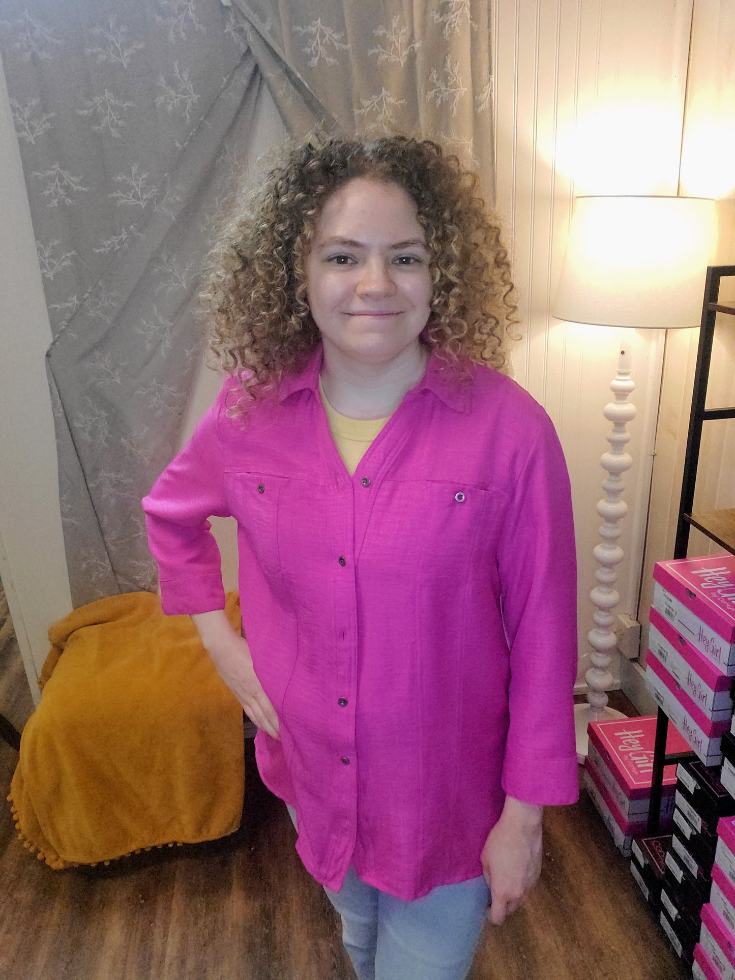 Pink 3/4 Sleeve Button Up Top