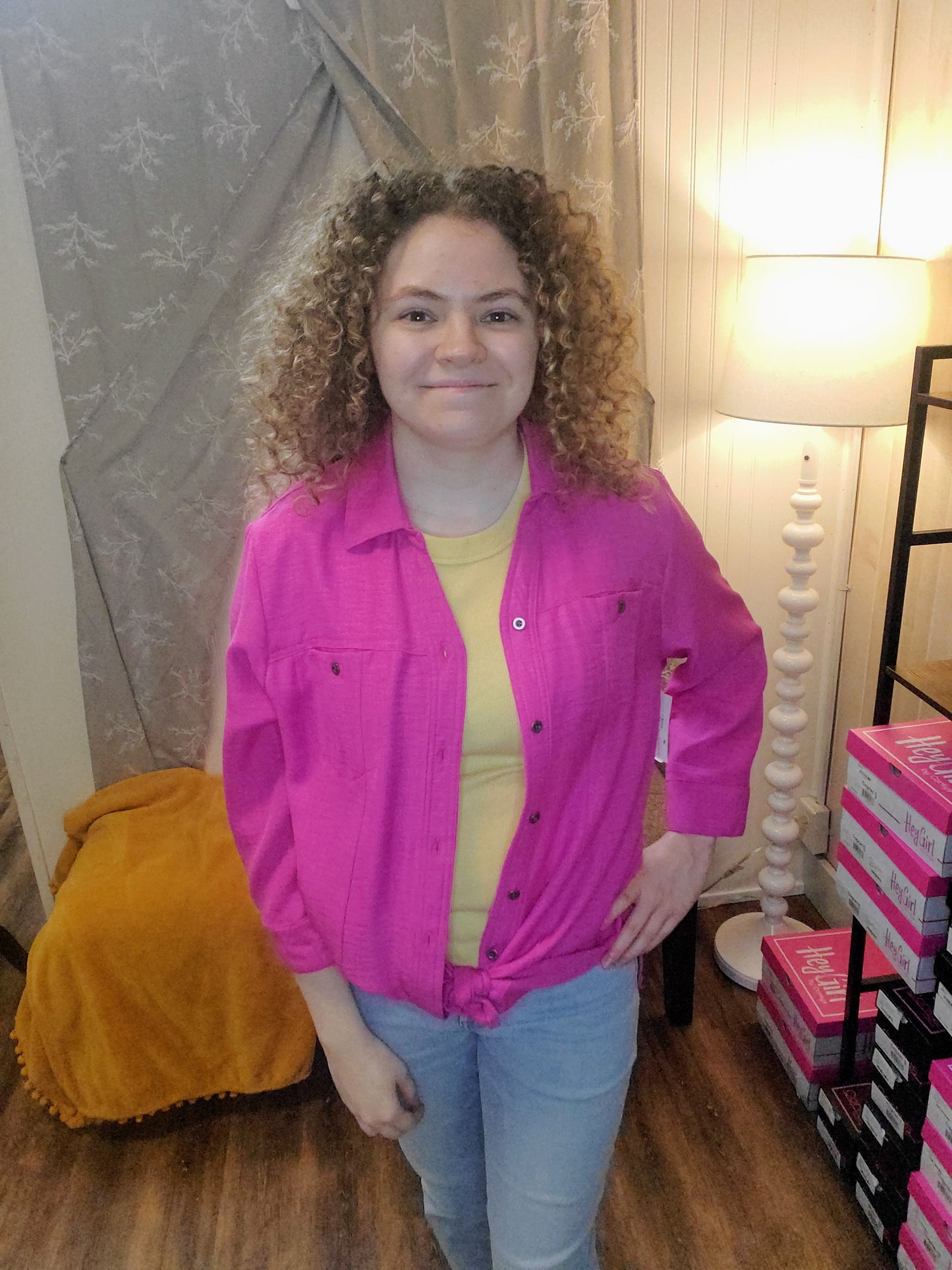 Pink 3/4 Sleeve Button Up Top