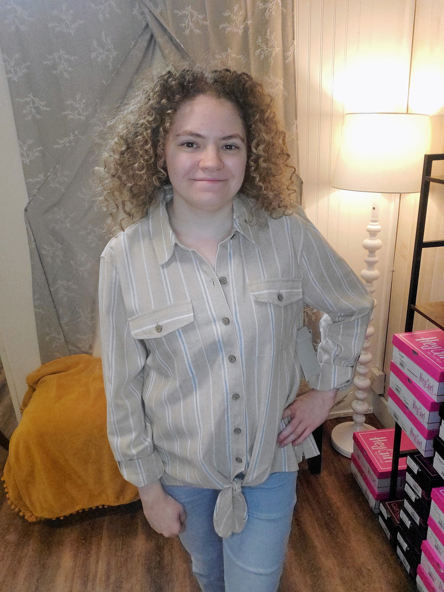 Beige and Blue Striped Button Up Top