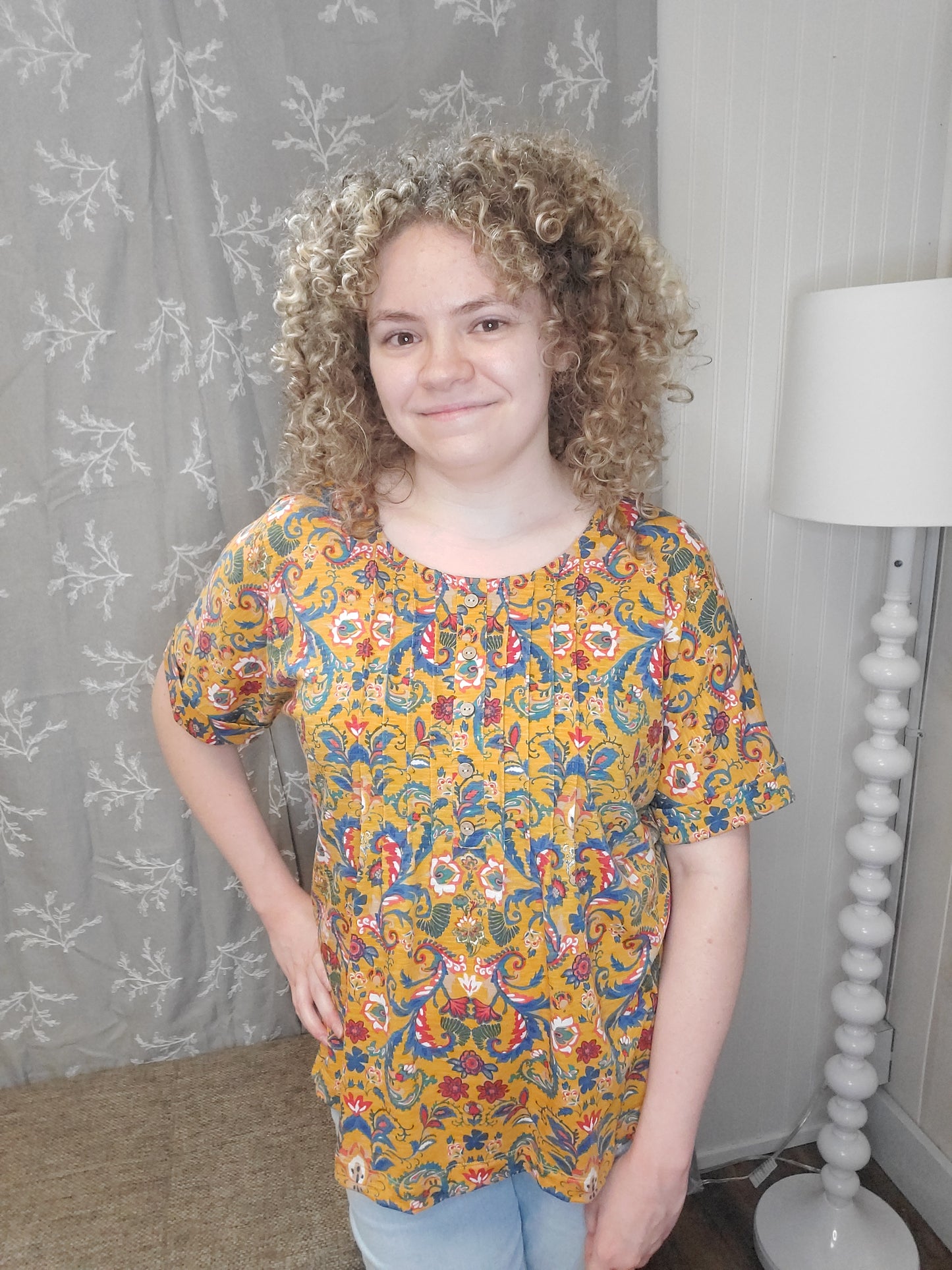 Yellow Blue Red Faux Button Dolman Sleeve Top