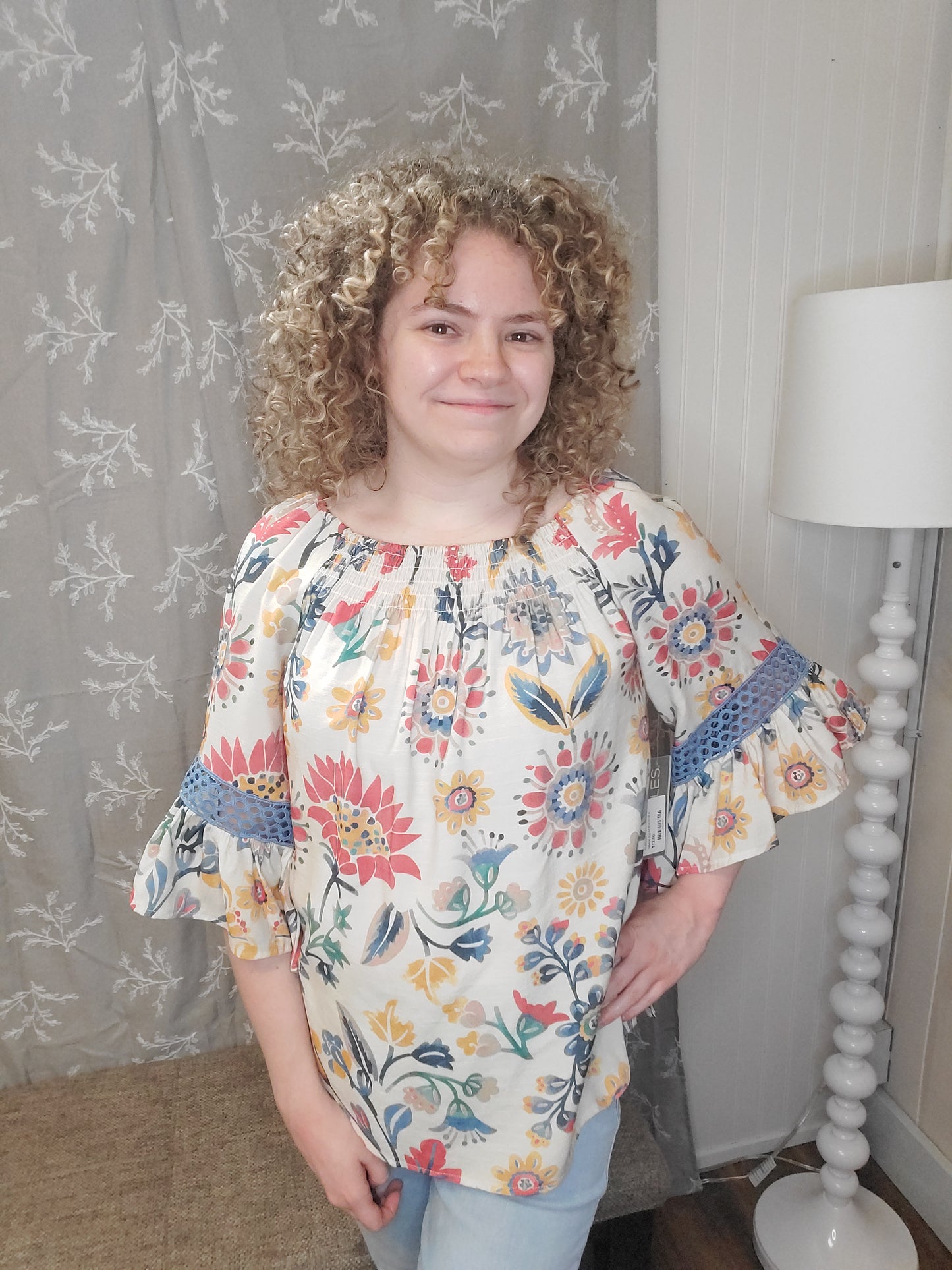 Multicolor Floral 3/4 Flounce Sleeve Top