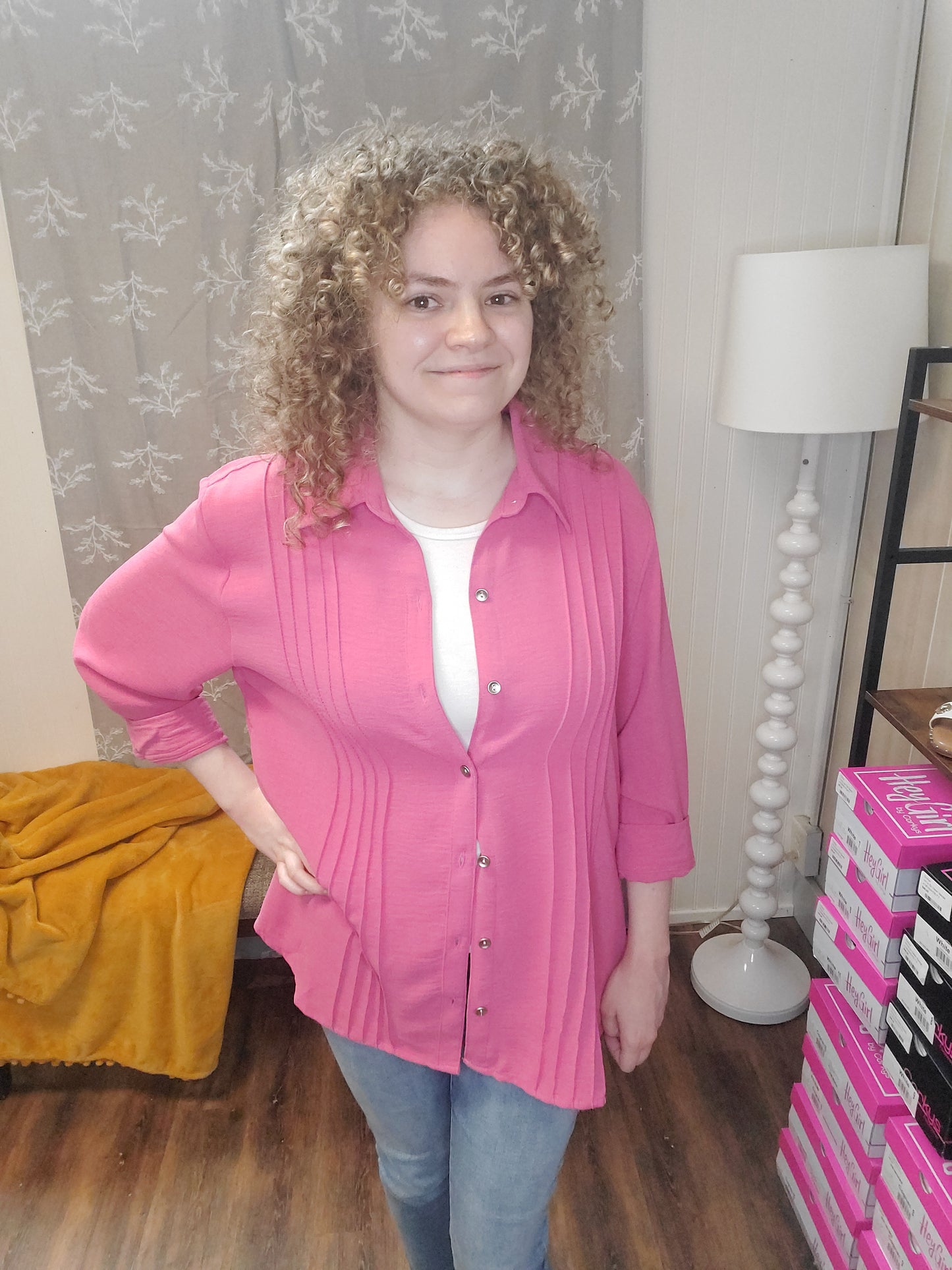 Rose Pintuck Button Up Blouse