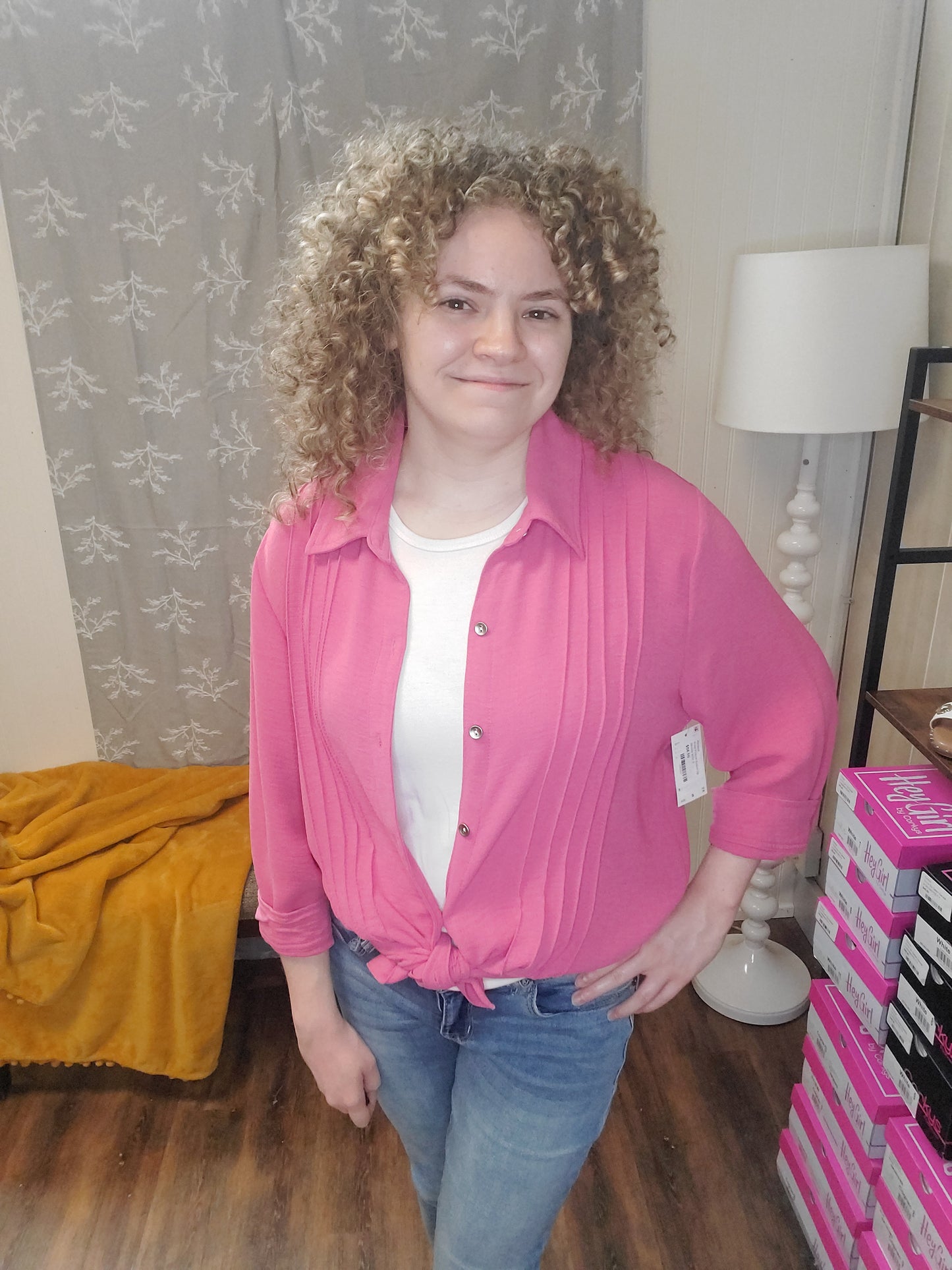 Rose Pintuck Button Up Blouse