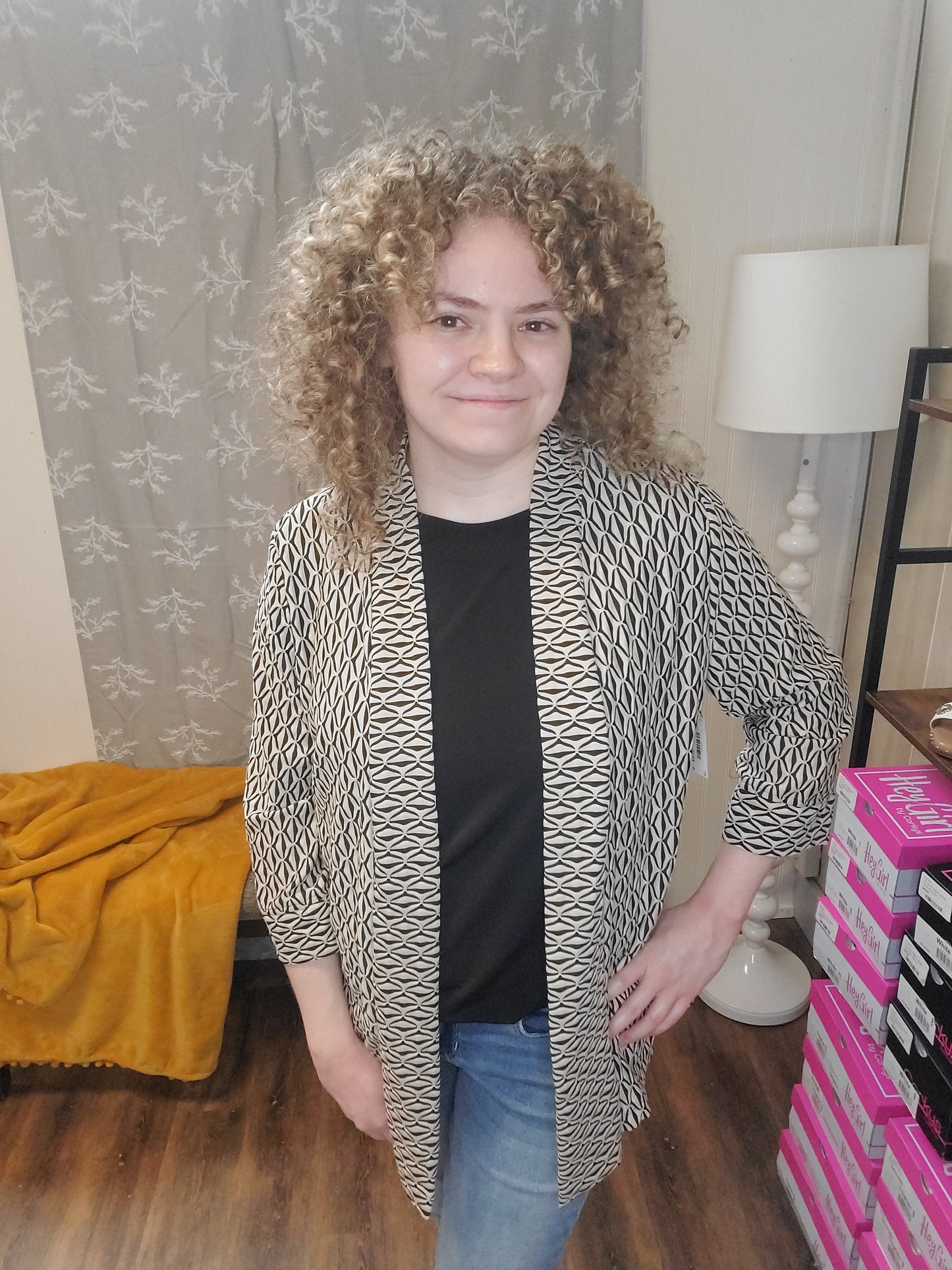 Cream and Black Textured Open Front Jacket