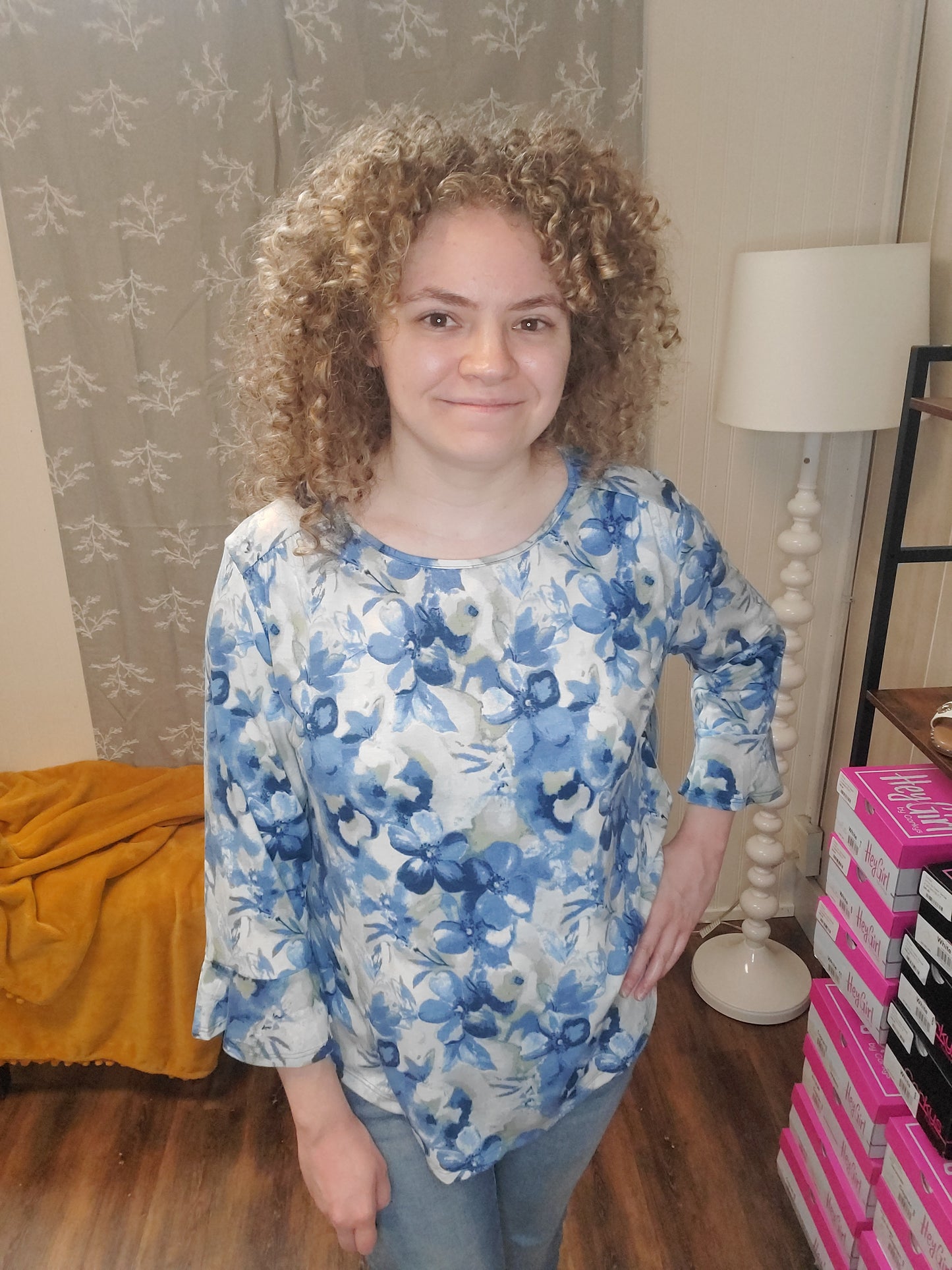 Floral Blue and Sage 3/4 Sleeve Top