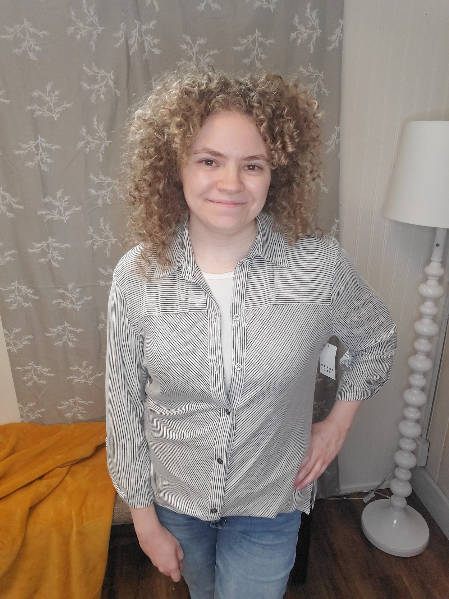Black and White Striped Button Up Blouse