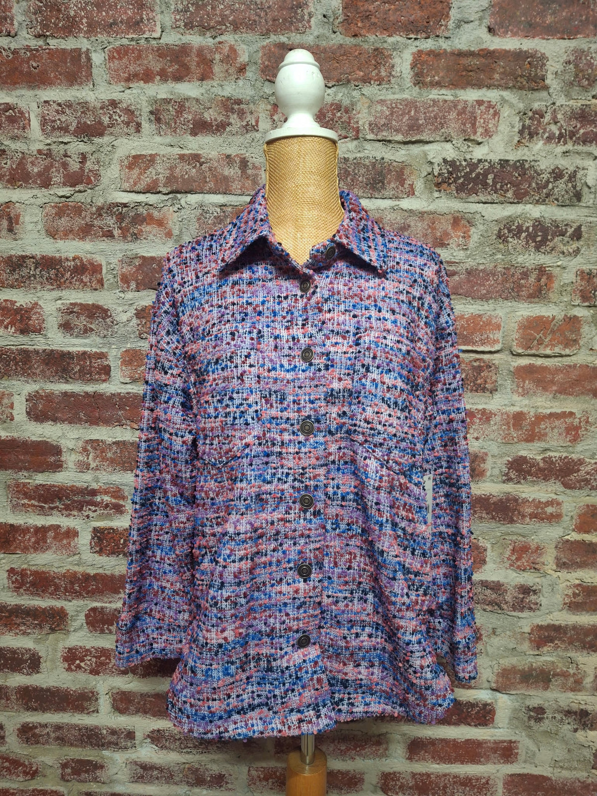 Pink Blue Purple Tweed Texture Button Up Plus Shirt