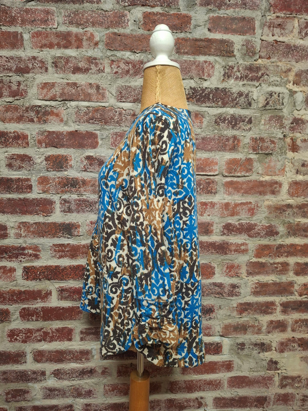 Blue Brown Tan Shirred Front Pocket Top