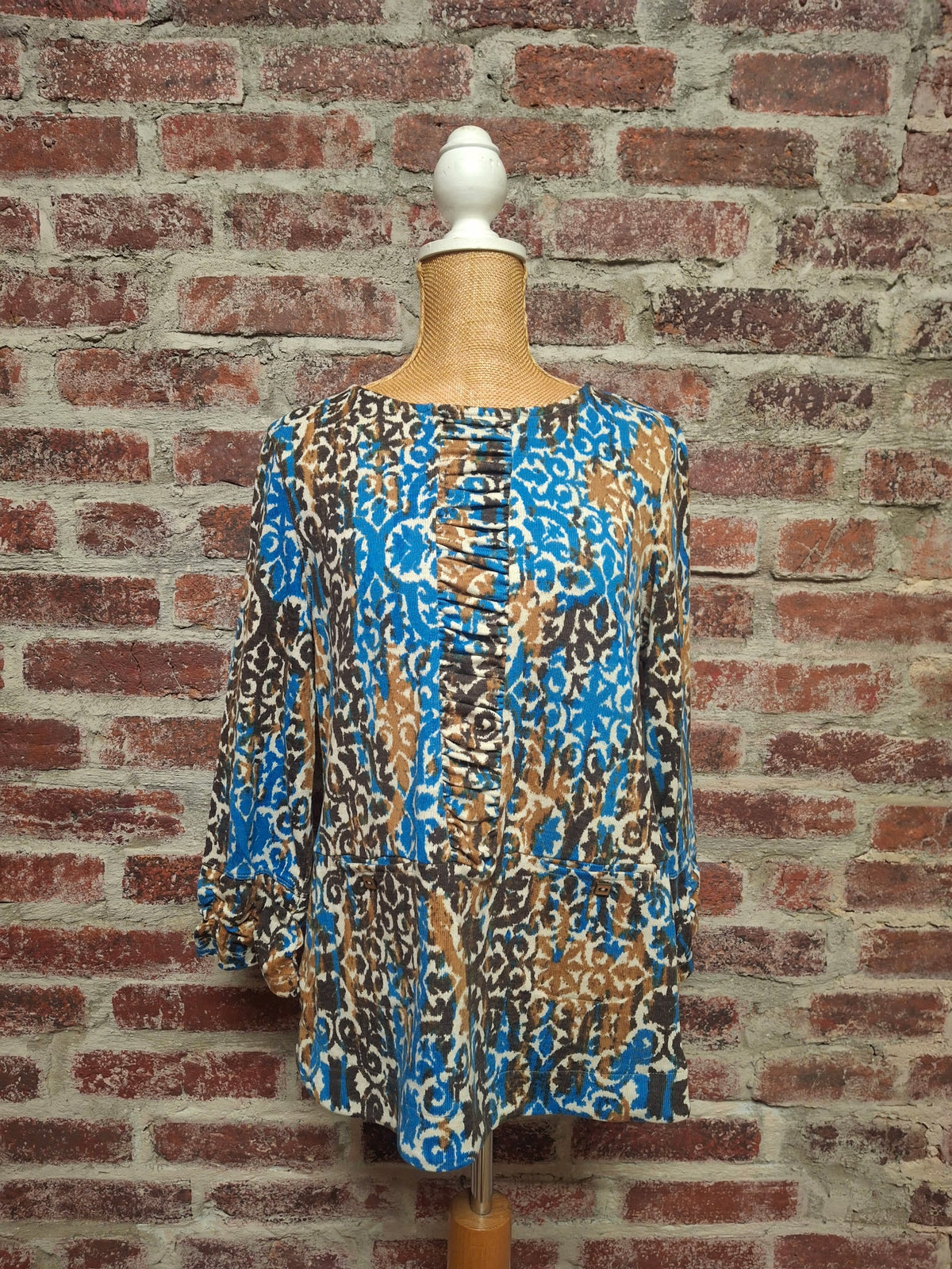 Blue Brown Tan Shirred Front Pocket Top